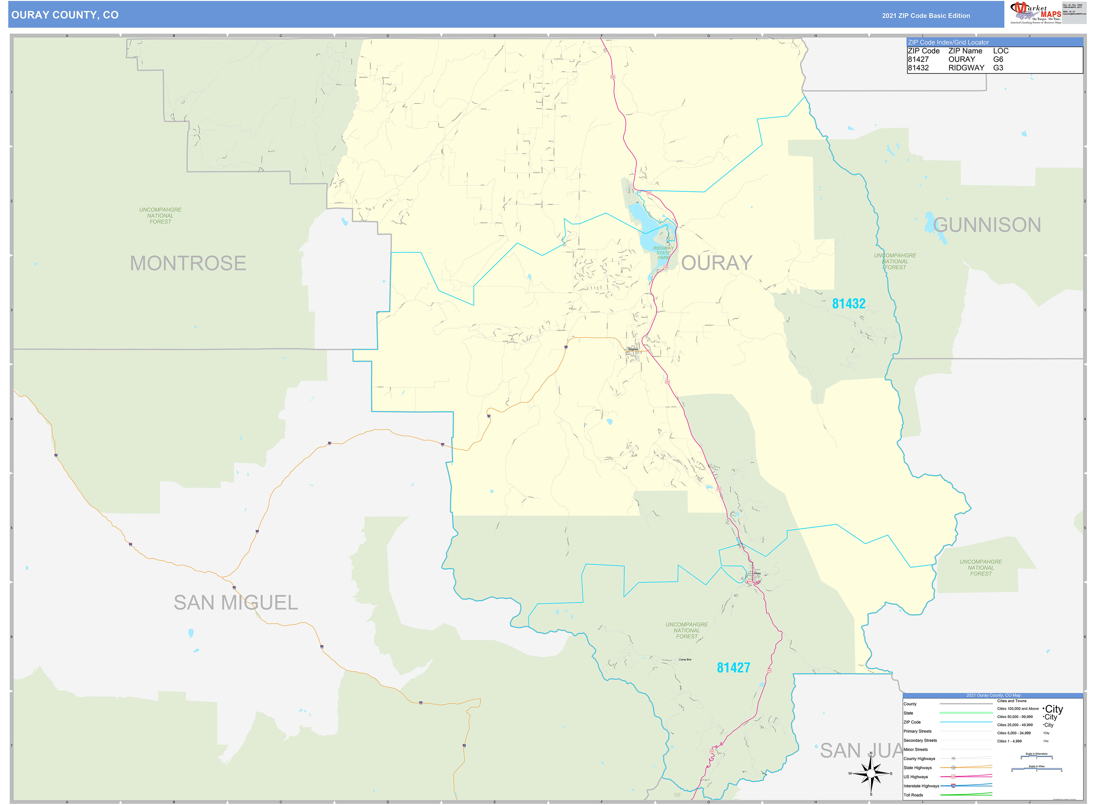 Ouray County, CO Zip Code Wall Map Basic Style by MarketMAPS MapSales