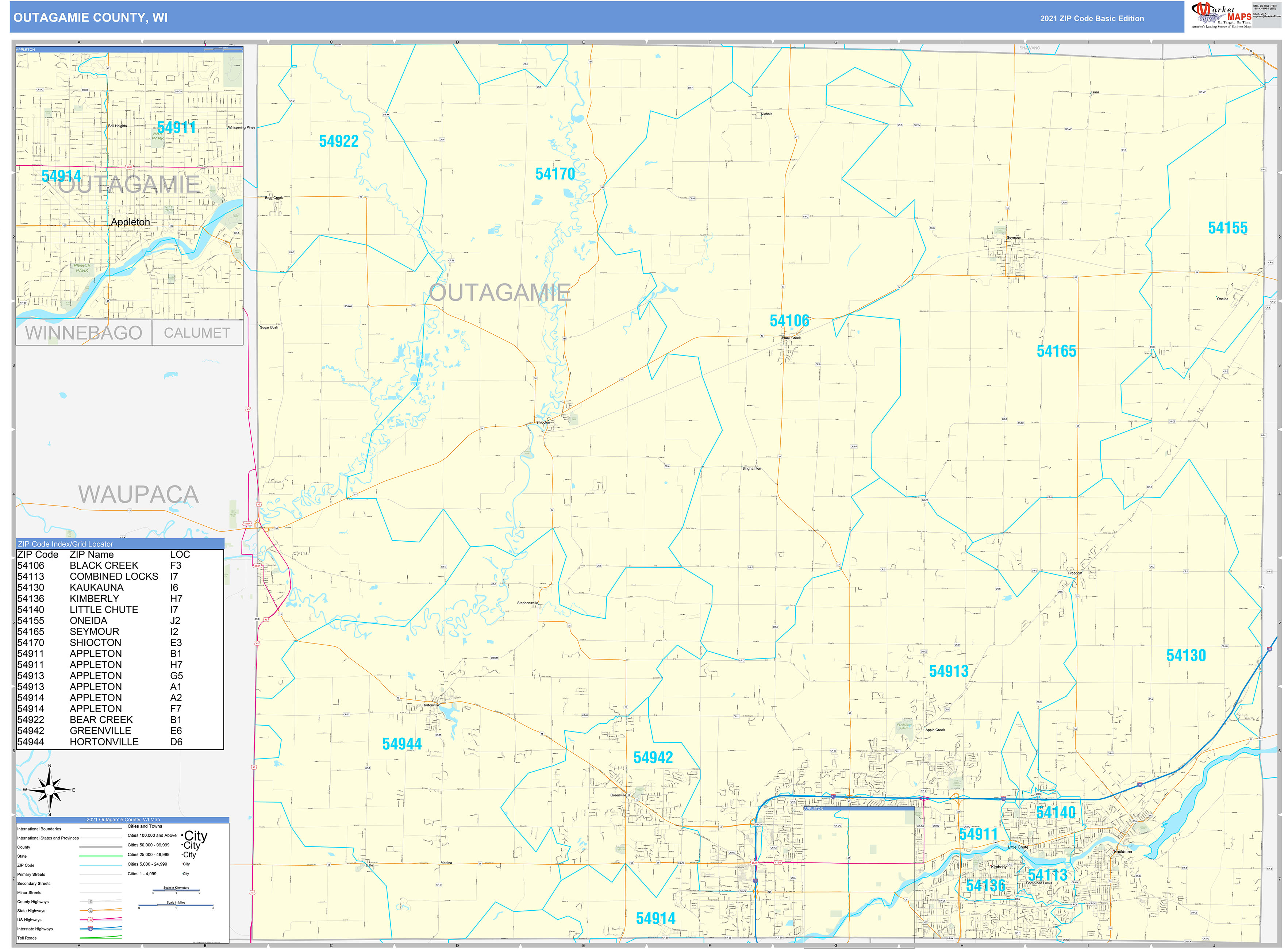 Outagamie County, WI Zip Code Wall Map Basic Style by MarketMAPS