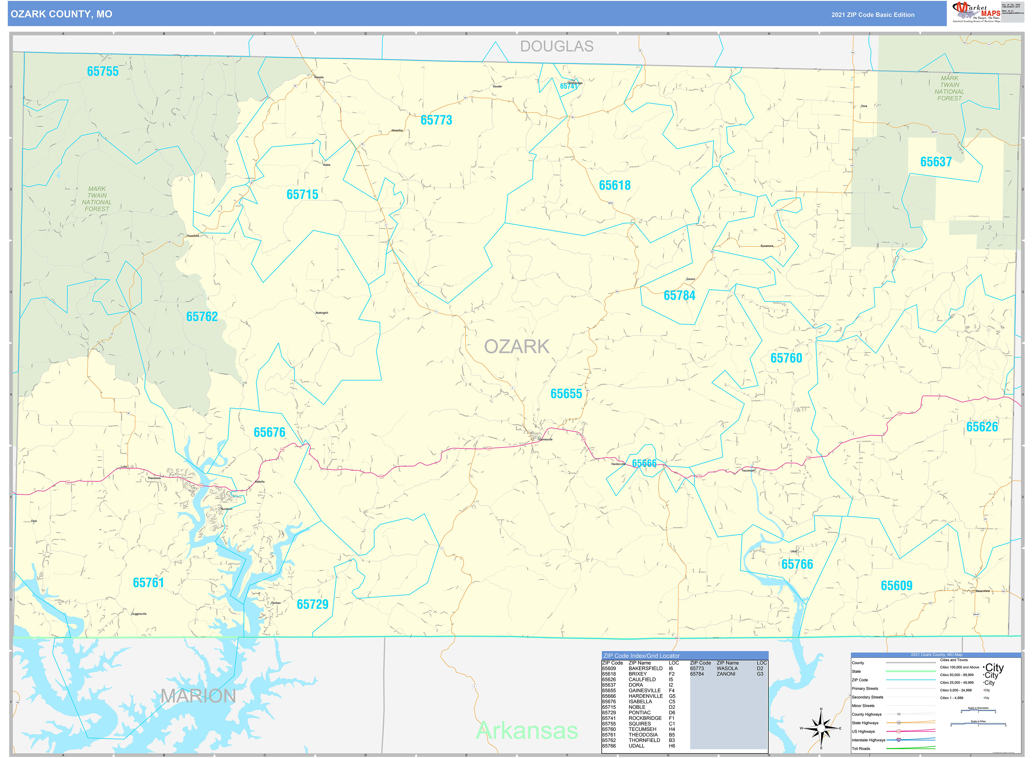 Ozark County, MO Zip Code Wall Map Basic Style by MarketMAPS MapSales
