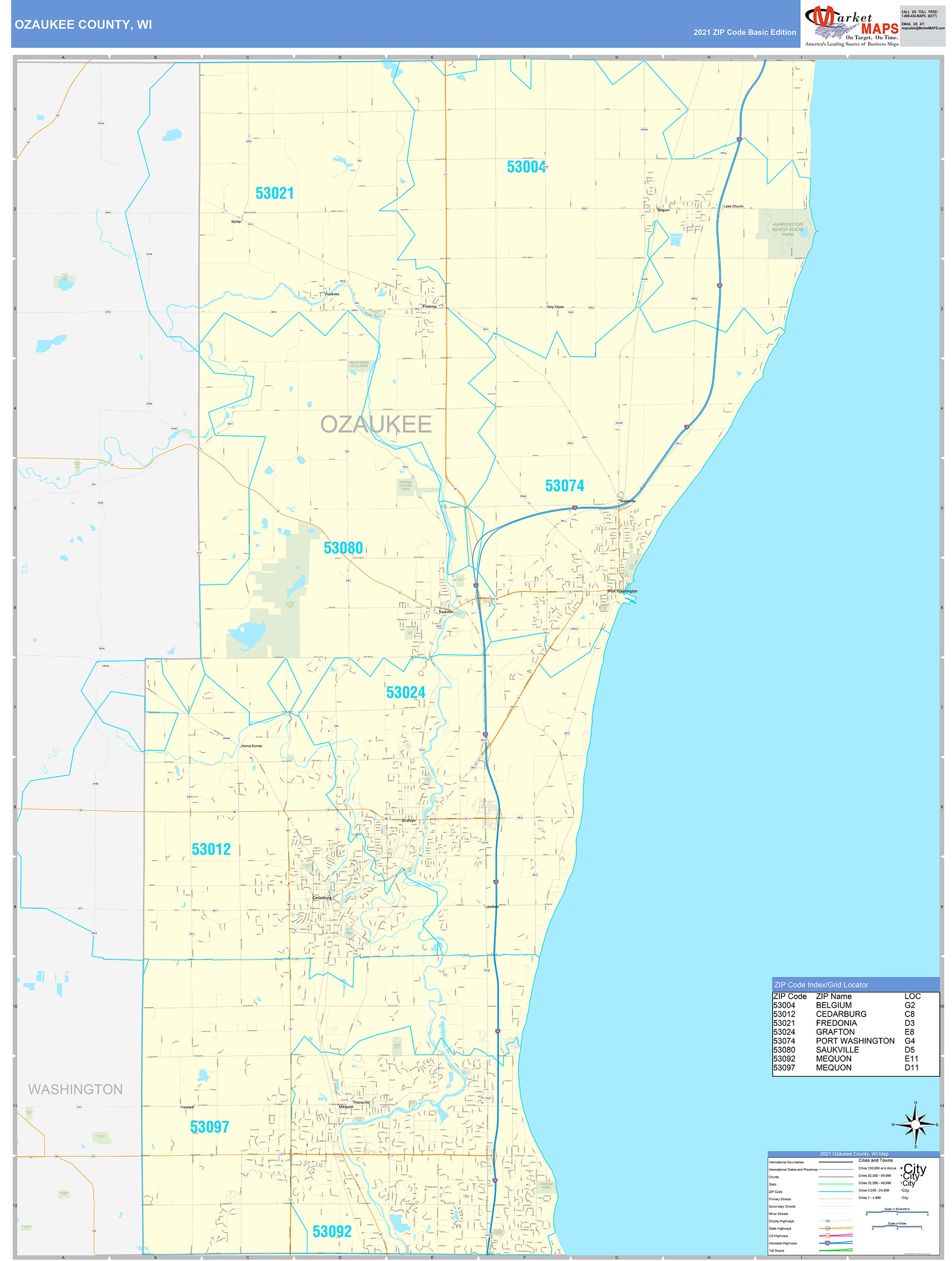 Ozaukee County, WI Zip Code Wall Map Basic Style by MarketMAPS MapSales