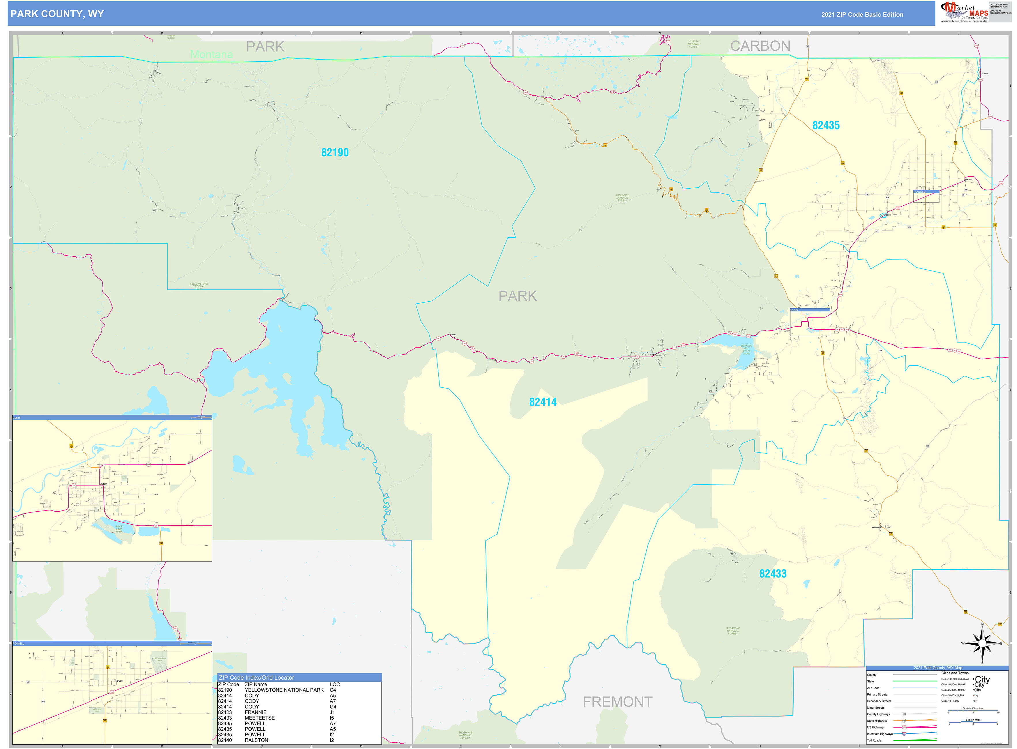 Park County, WY Zip Code Wall Map Basic Style by MarketMAPS MapSales