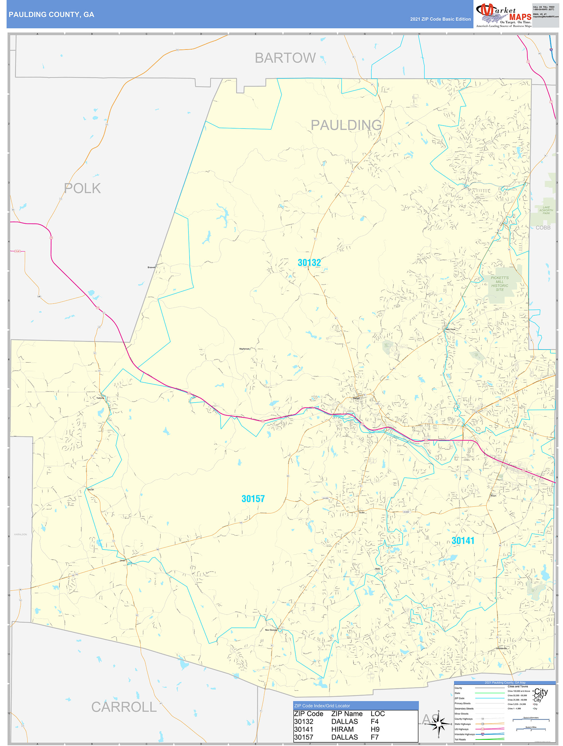 Paulding County, GA Zip Code Wall Map Basic Style by MarketMAPS MapSales