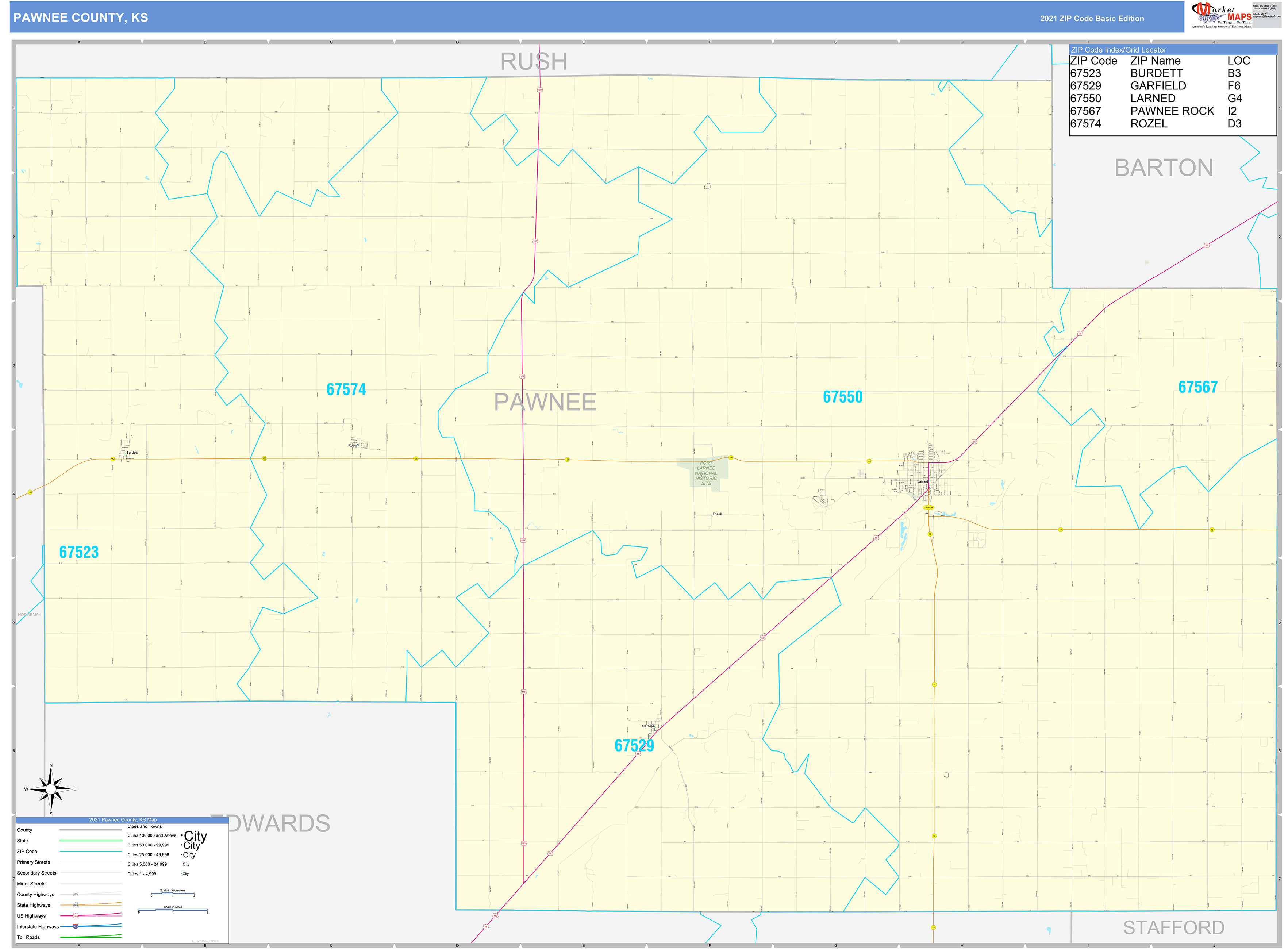 Pawnee County, KS Zip Code Wall Map Basic Style by MarketMAPS MapSales