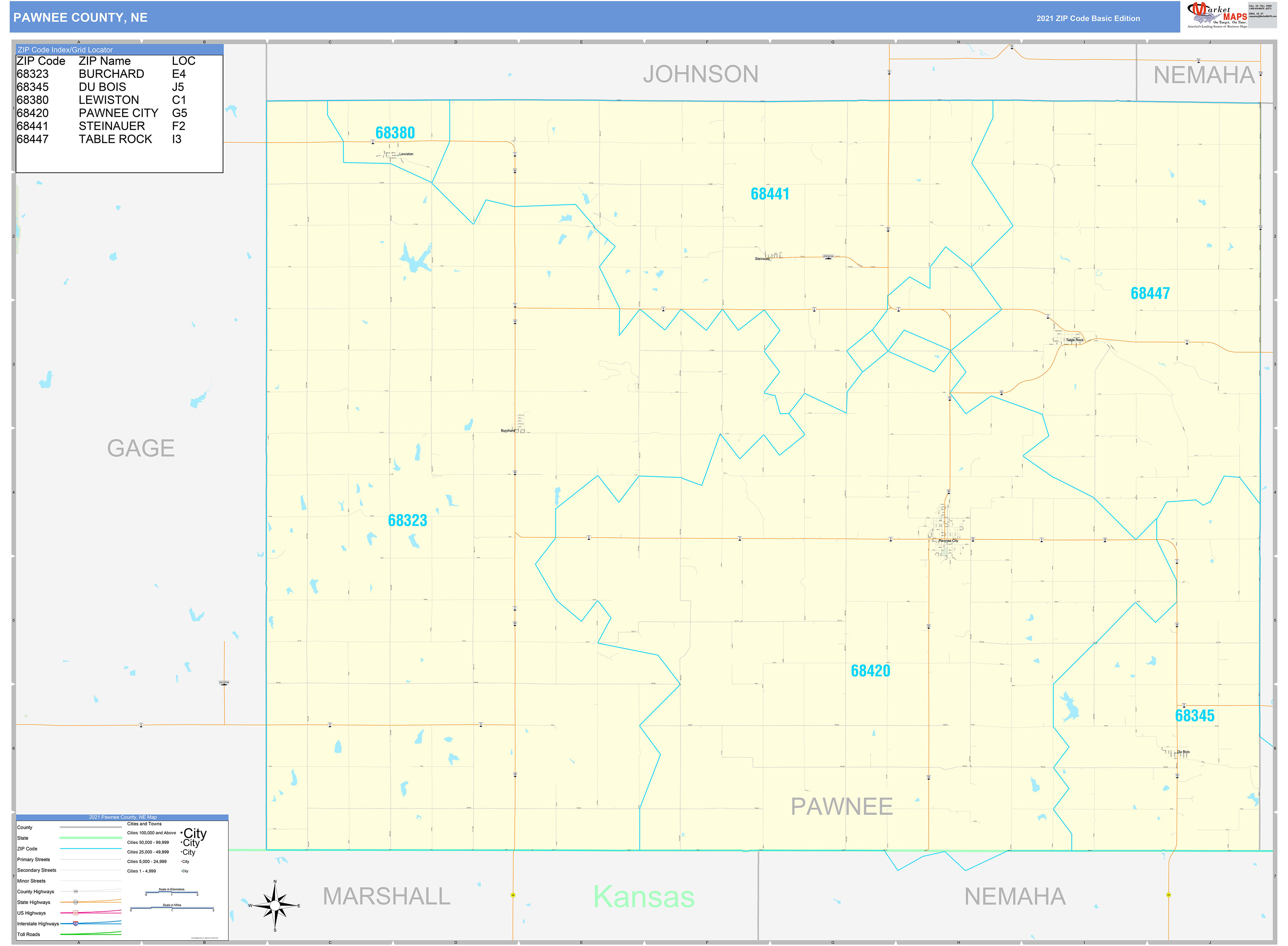 Pawnee County, NE Zip Code Wall Map Basic Style by MarketMAPS MapSales