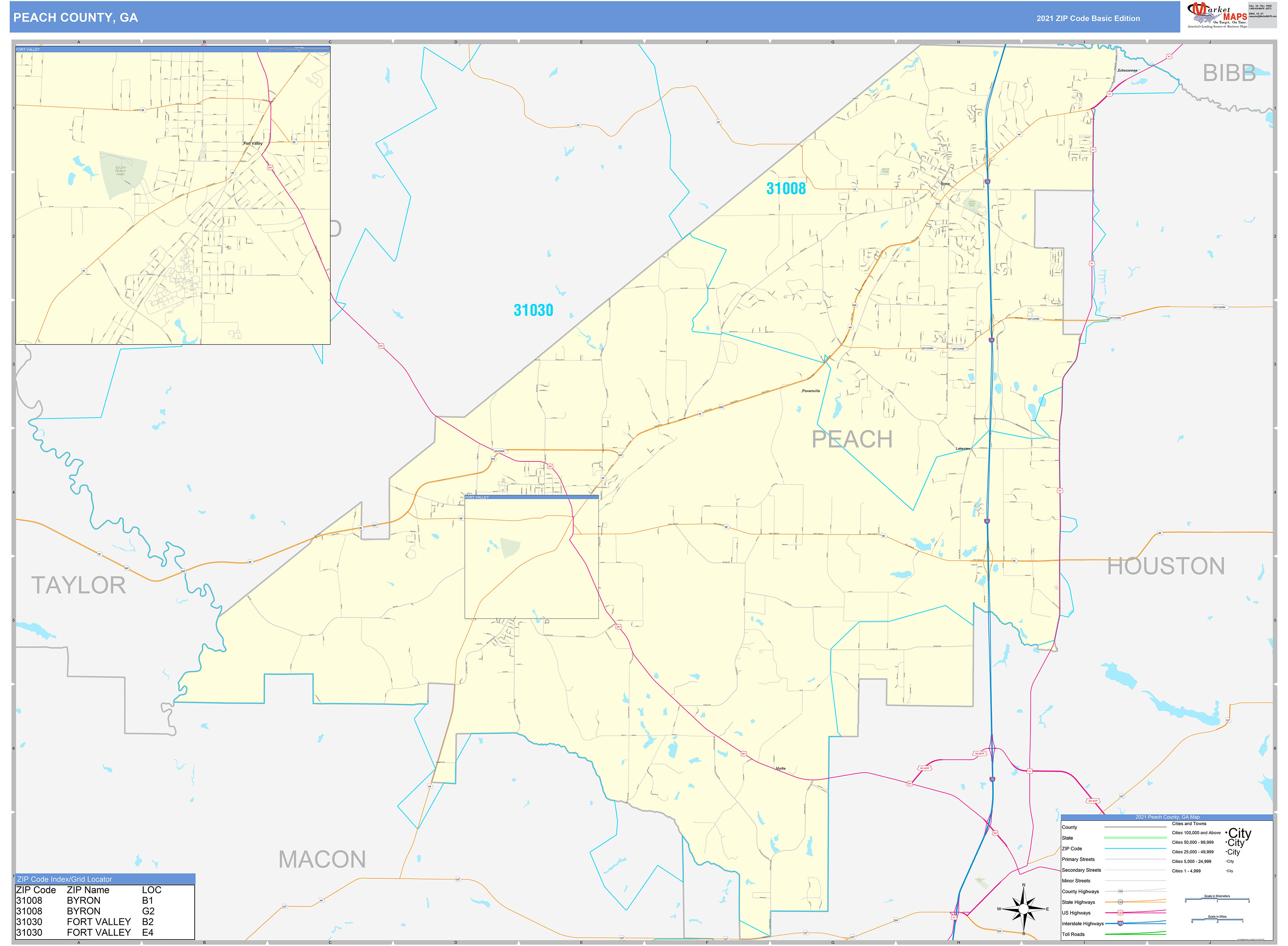 Peach County, GA Zip Code Wall Map Basic Style by MarketMAPS