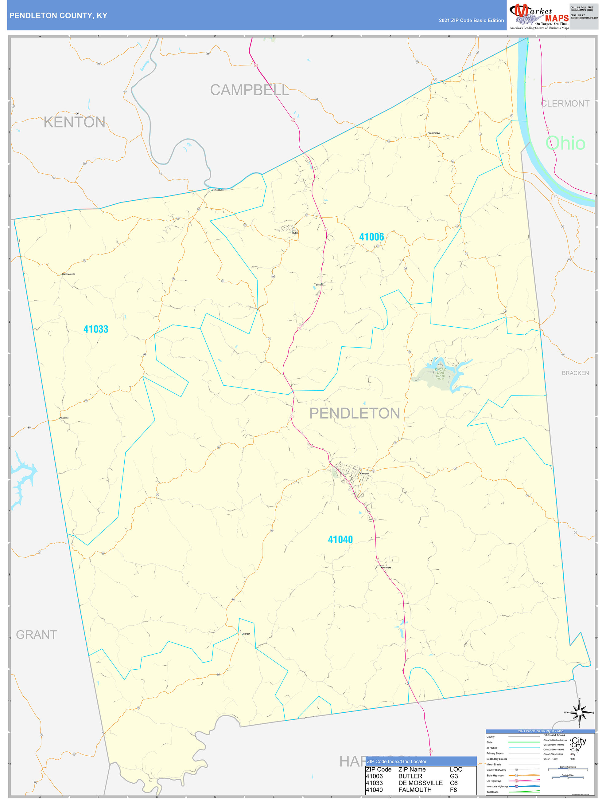 Pendleton County, KY Zip Code Wall Map Basic Style by MarketMAPS MapSales