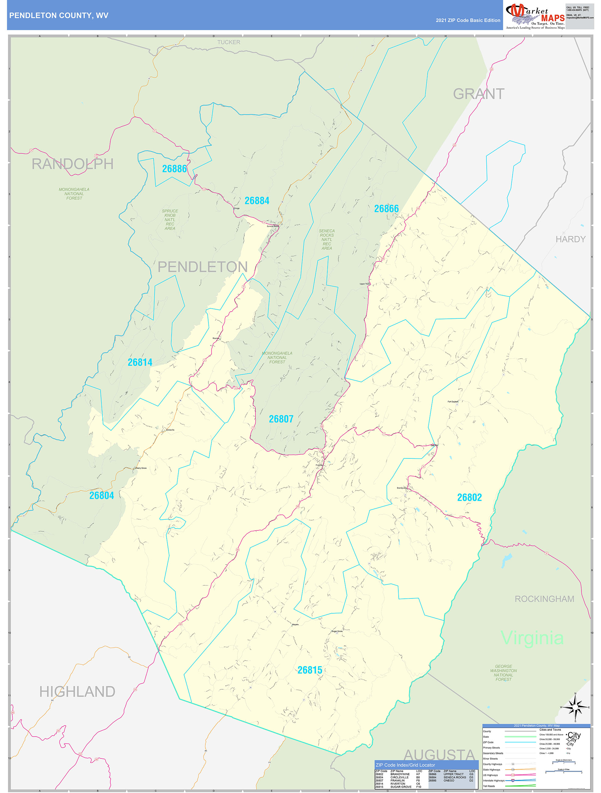 Pendleton County, WV Zip Code Wall Map Basic Style by MarketMAPS MapSales