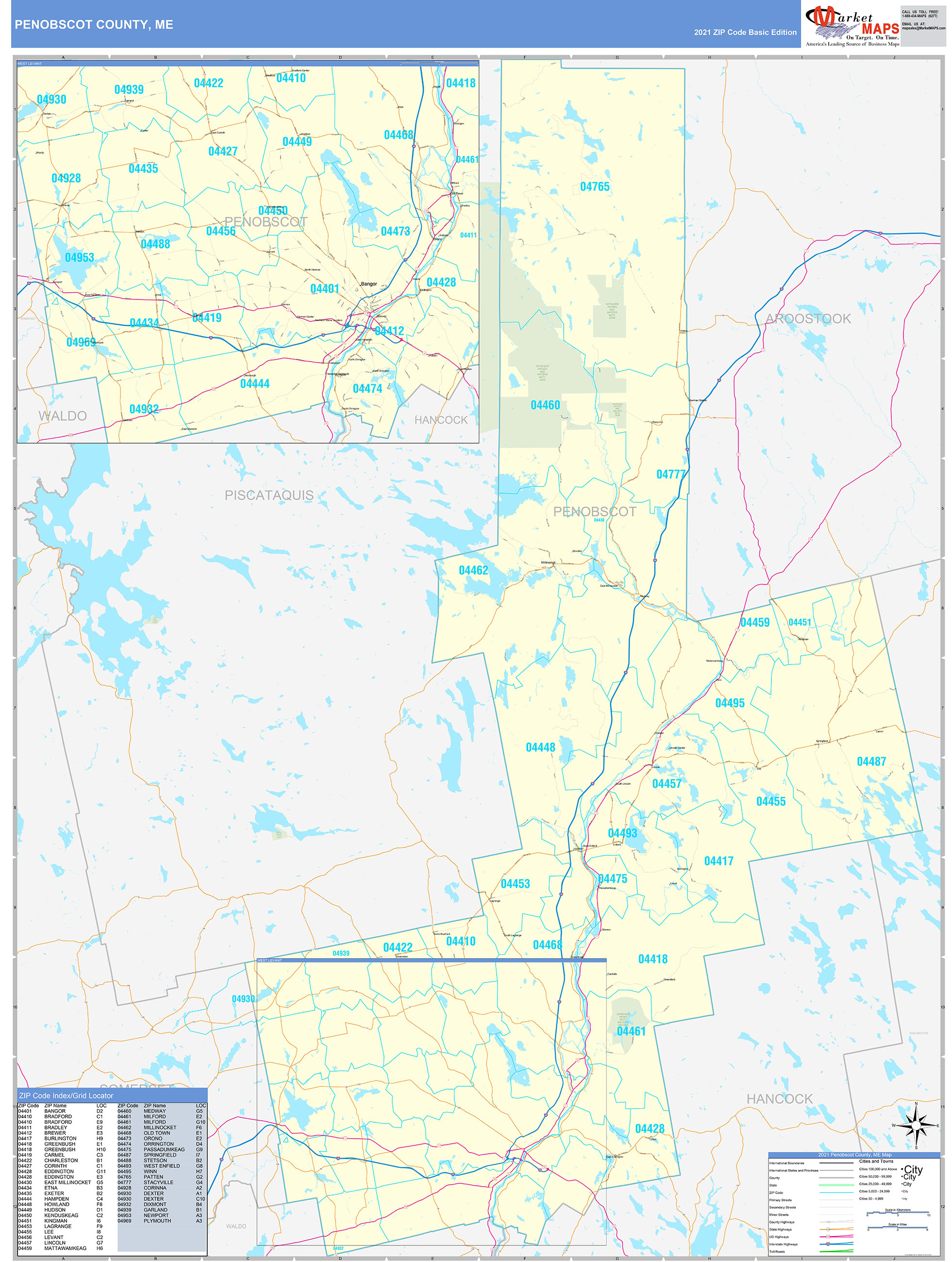 Penobscot County, ME Zip Code Wall Map Basic Style by MarketMAPS