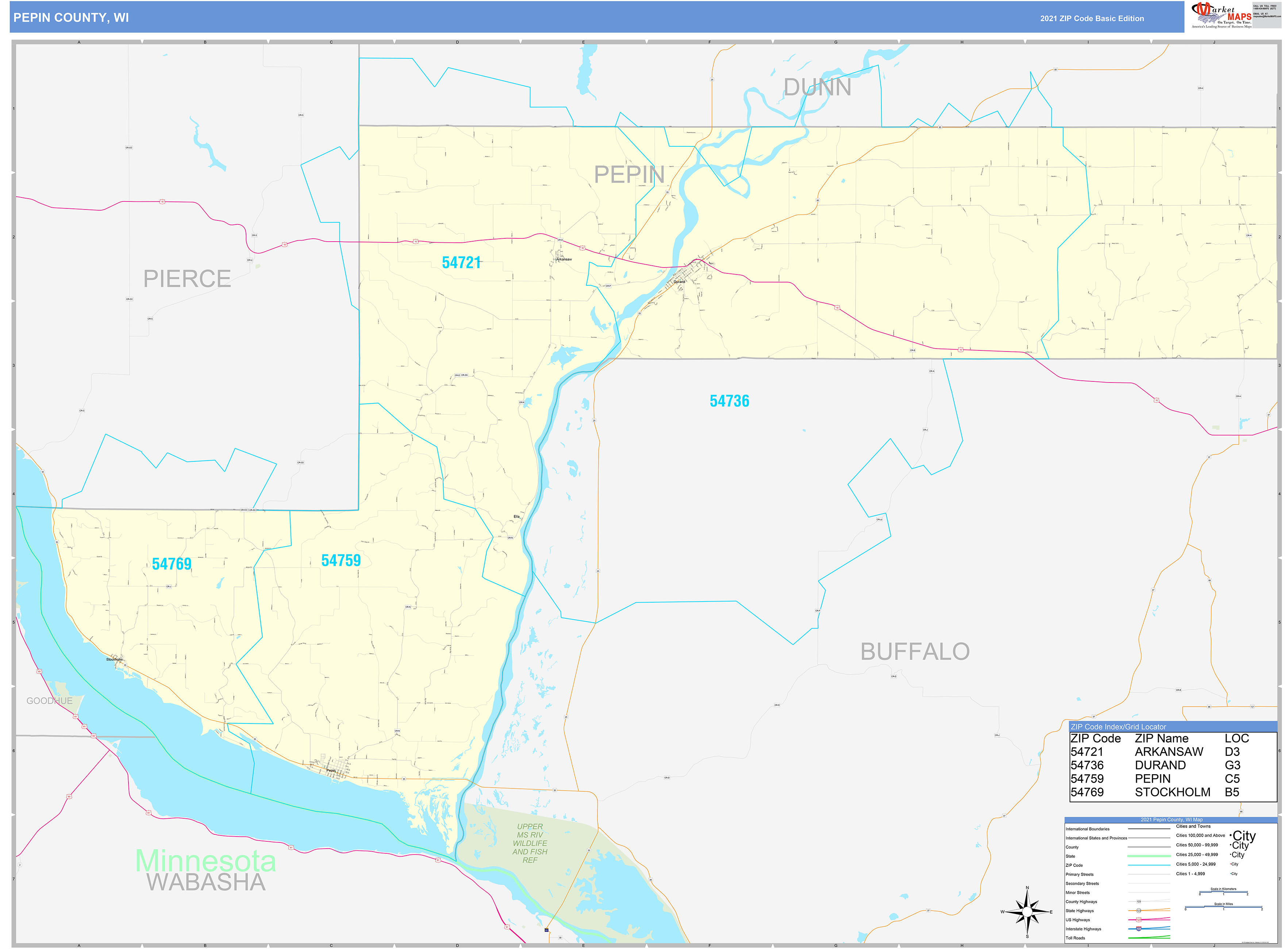 Pepin County, WI Zip Code Wall Map Basic Style by MarketMAPS MapSales