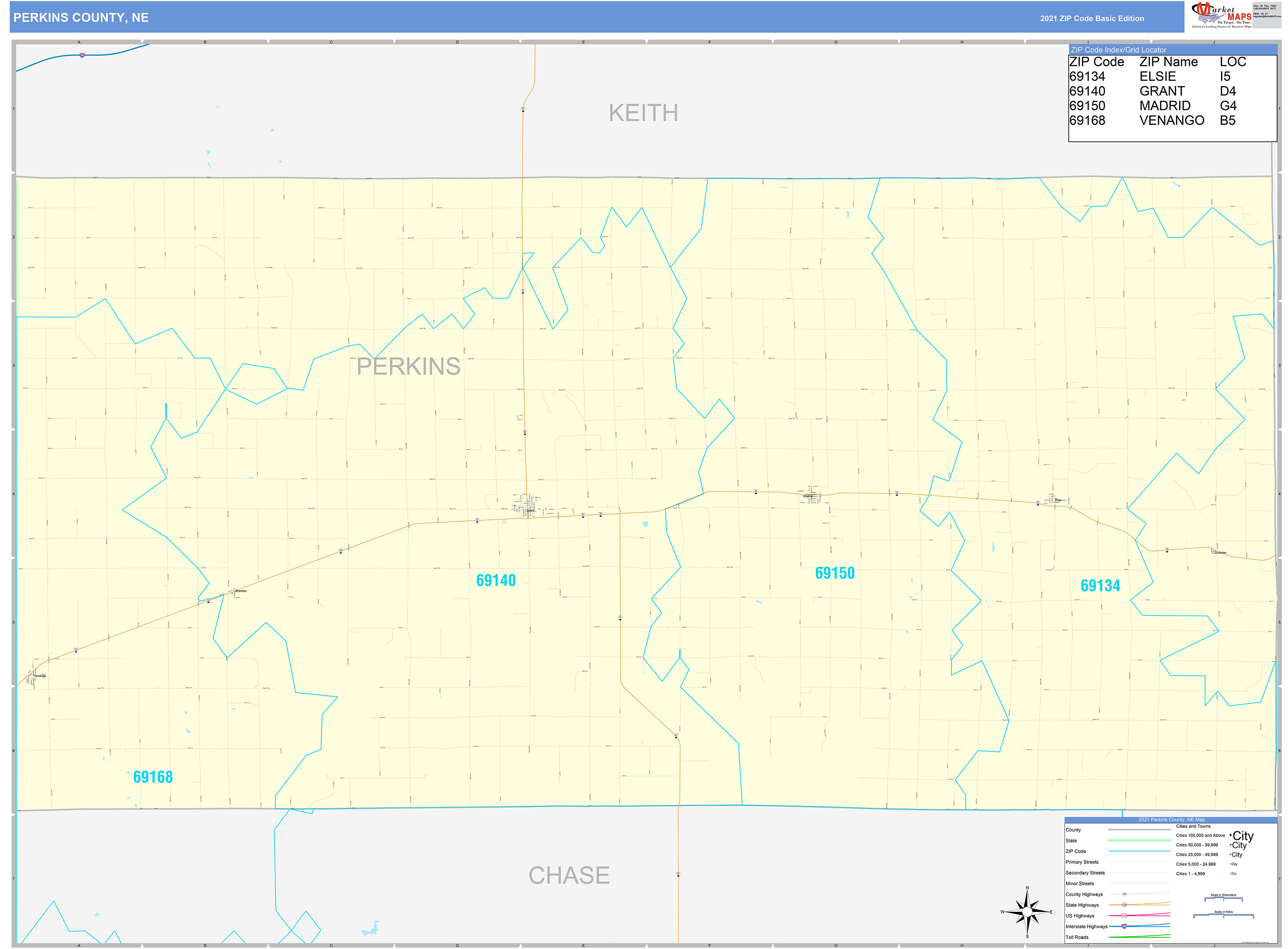 Perkins County, NE Zip Code Wall Map Basic Style by MarketMAPS