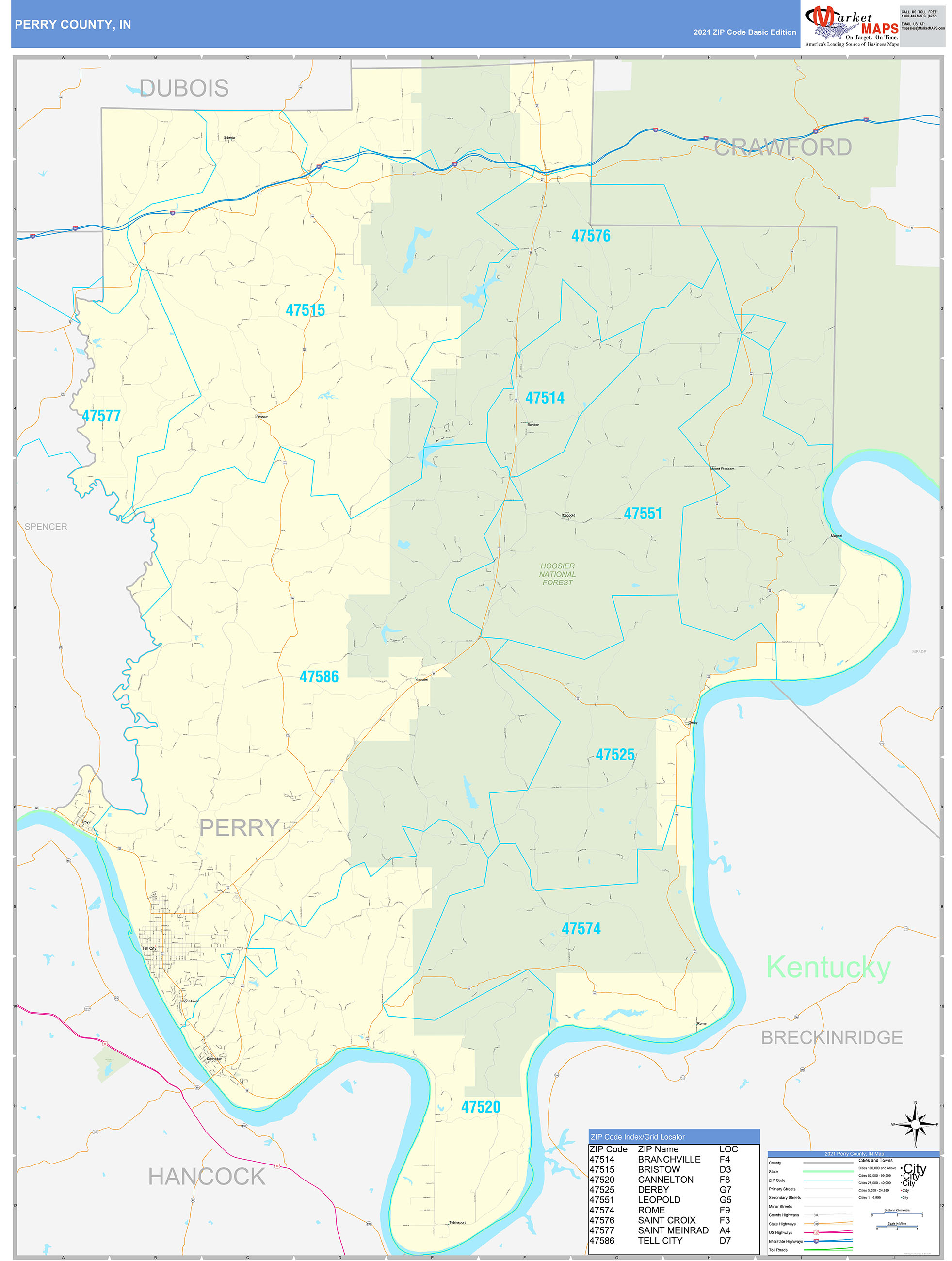 Perry County, IN Zip Code Wall Map Basic Style by MarketMAPS