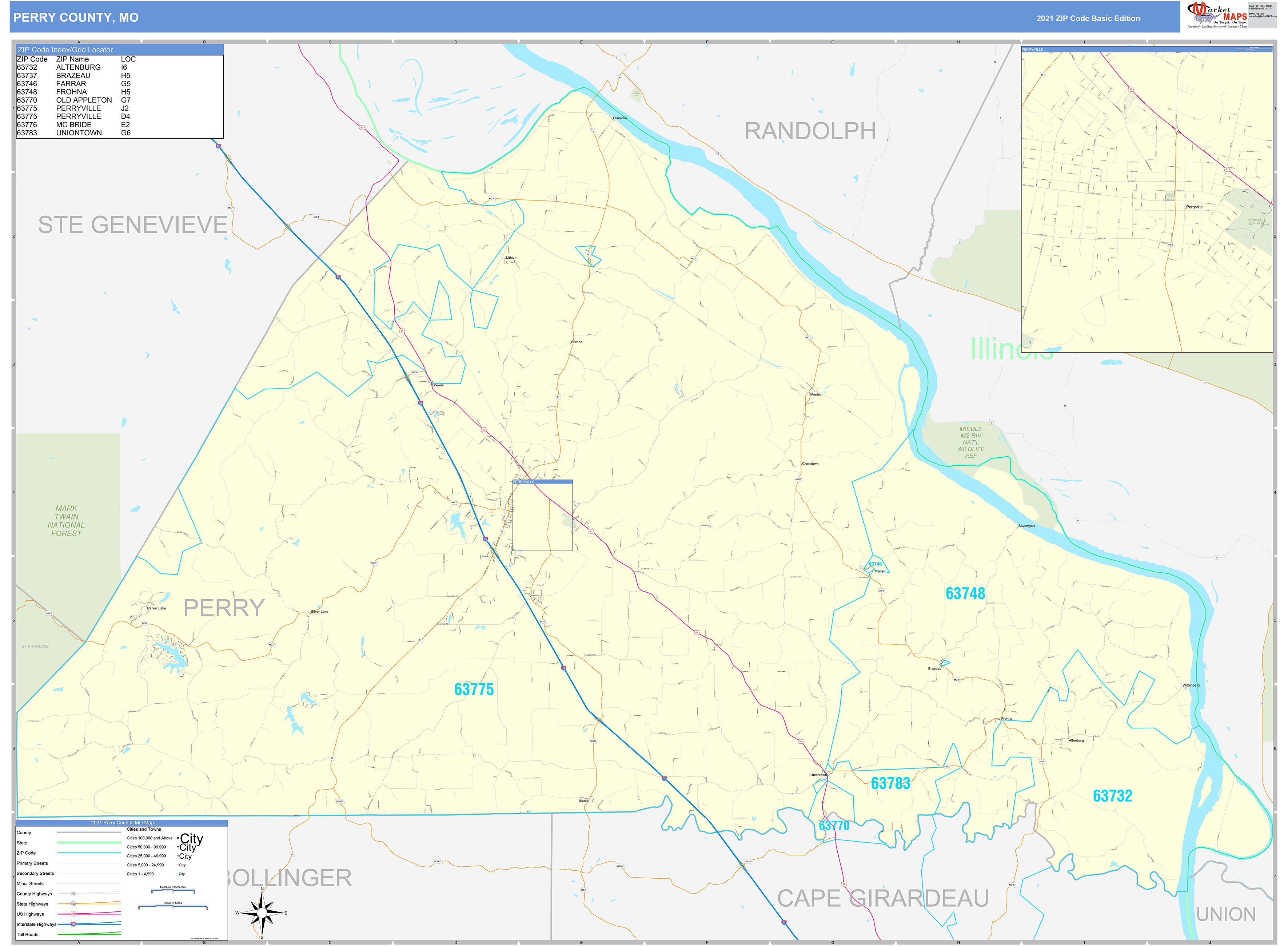 Perry County, MO Zip Code Wall Map Basic Style by MarketMAPS MapSales
