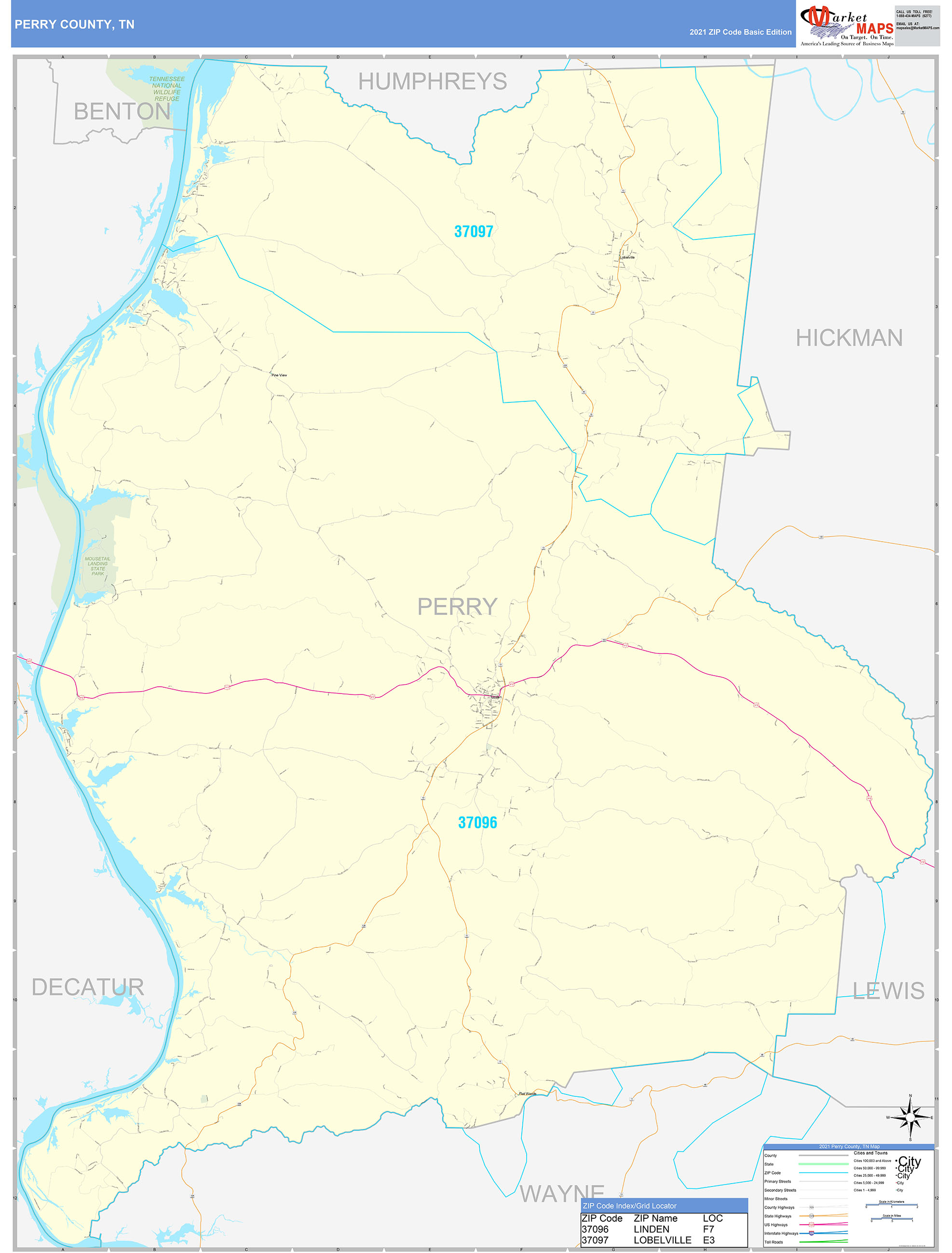 Perry County, TN Zip Code Wall Map Basic Style by MarketMAPS