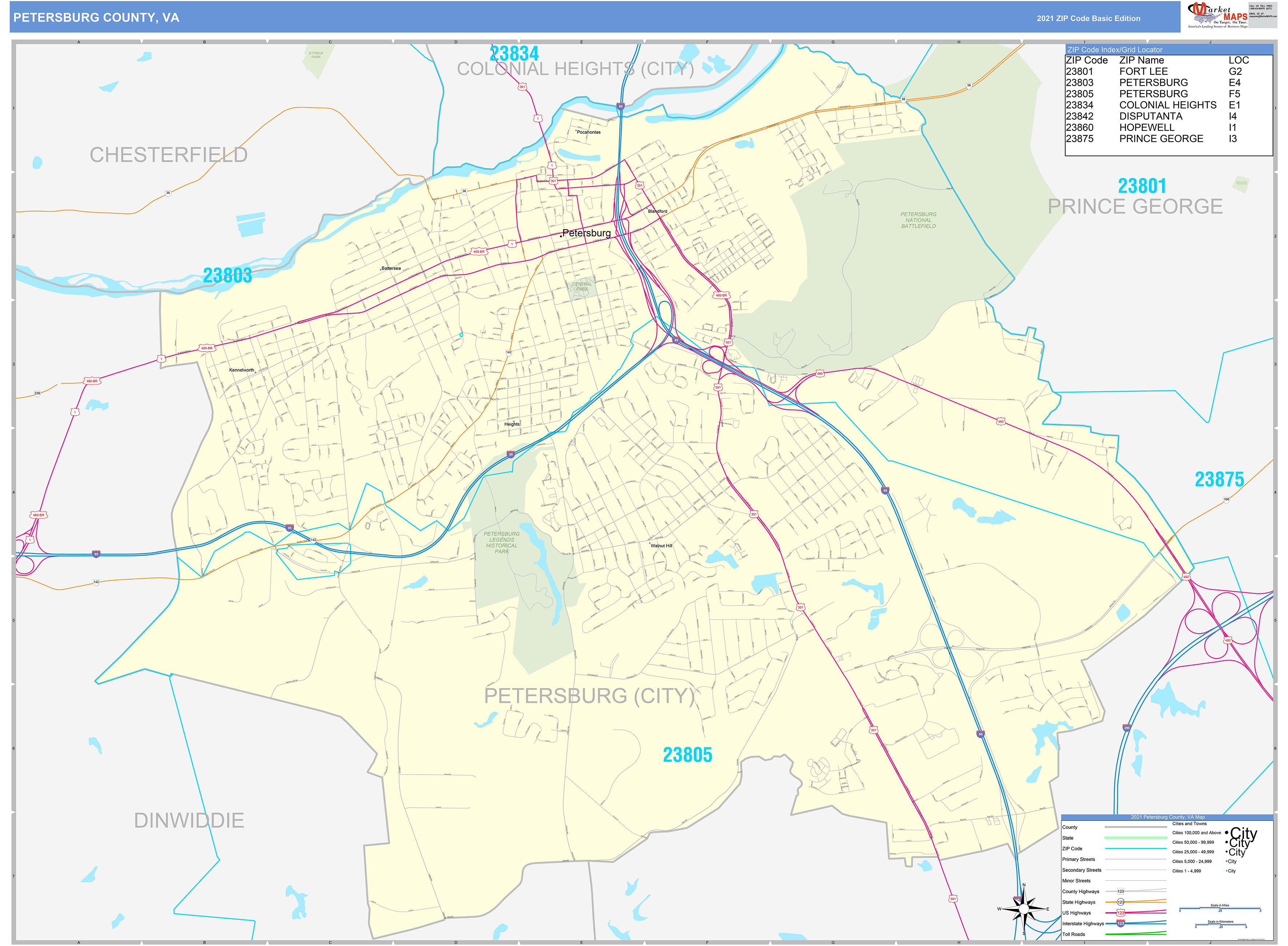 Petersburg County, VA Zip Code Wall Map Basic Style by MarketMAPS