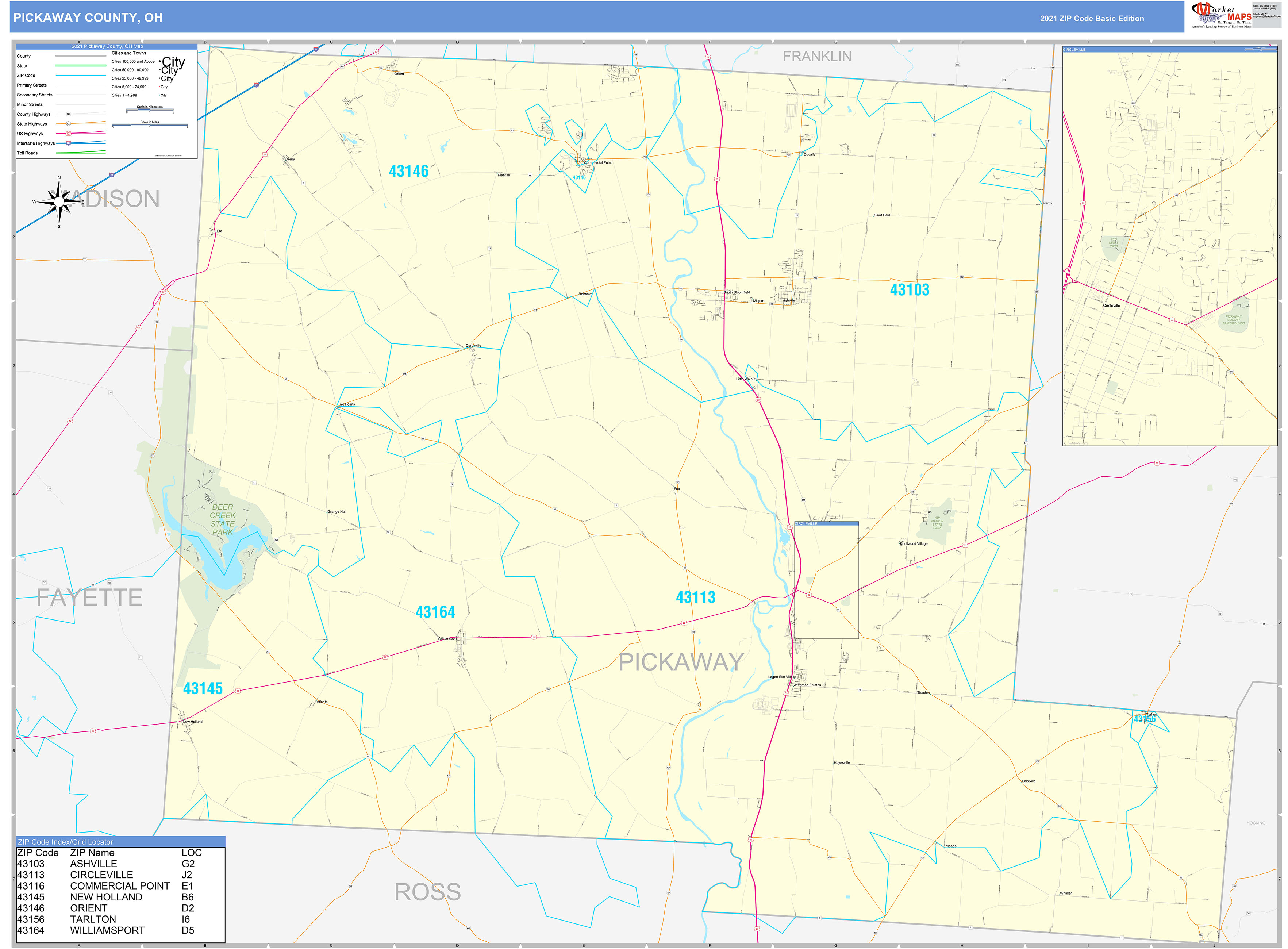 Pickaway County, OH Zip Code Wall Map Basic Style by MarketMAPS MapSales