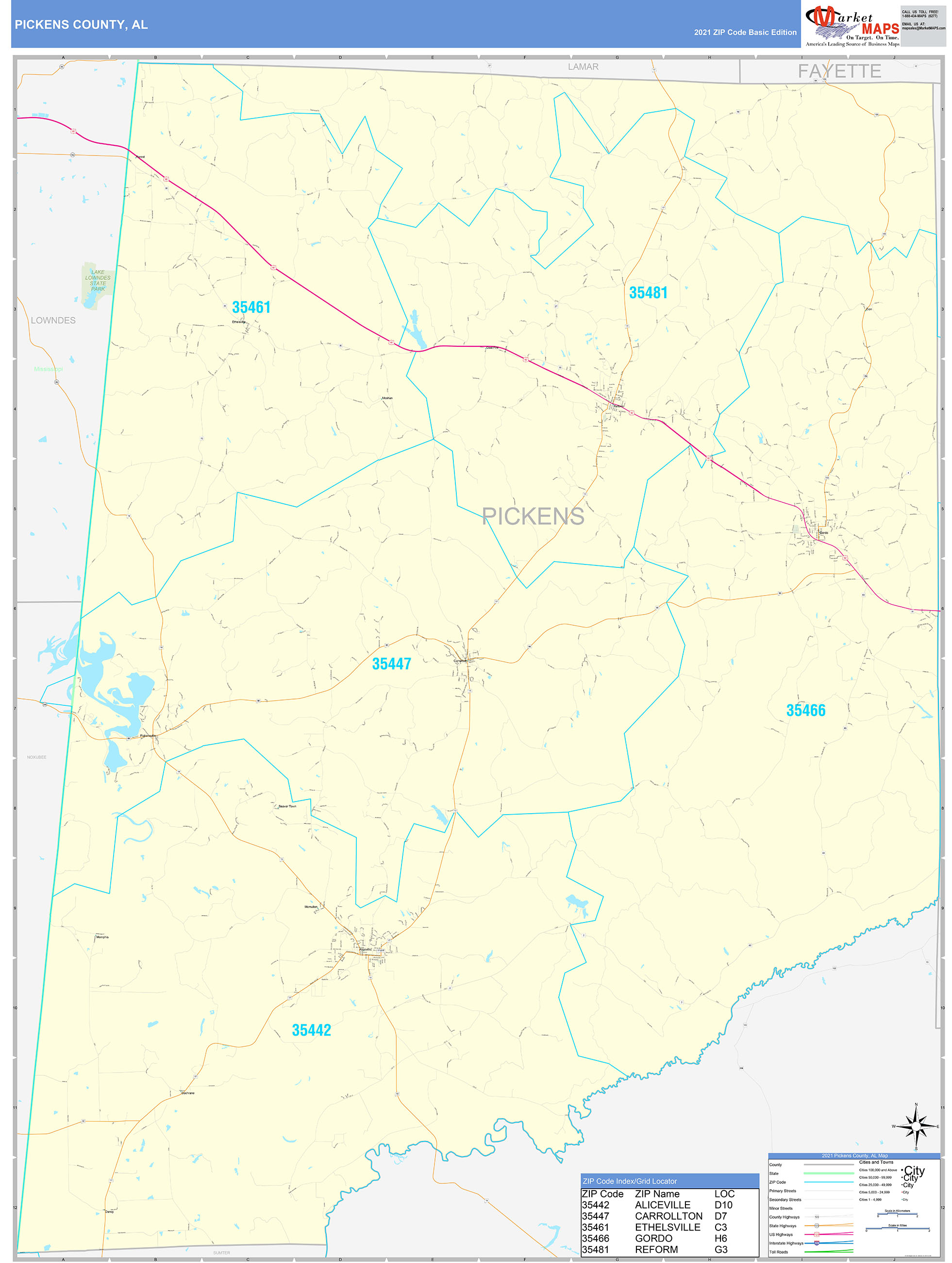 Pickens County, AL Zip Code Wall Map Basic Style by MarketMAPS