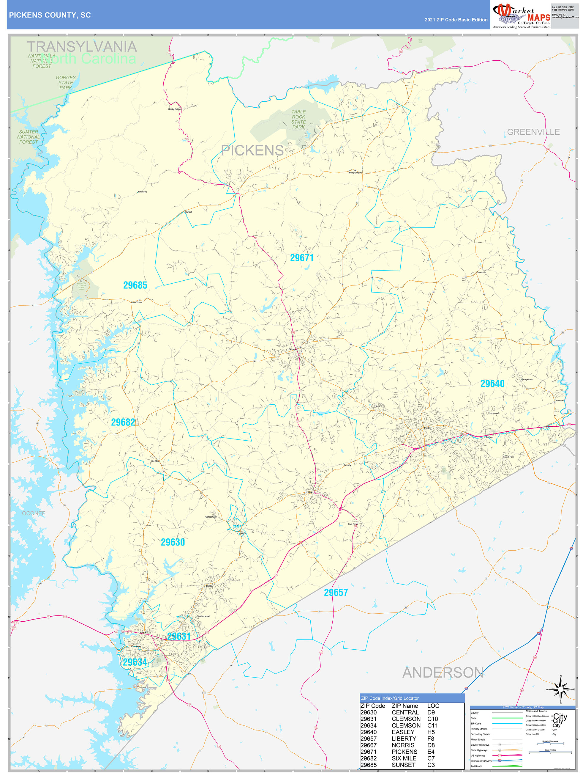 Pickens County, SC Zip Code Wall Map Basic Style by MarketMAPS MapSales