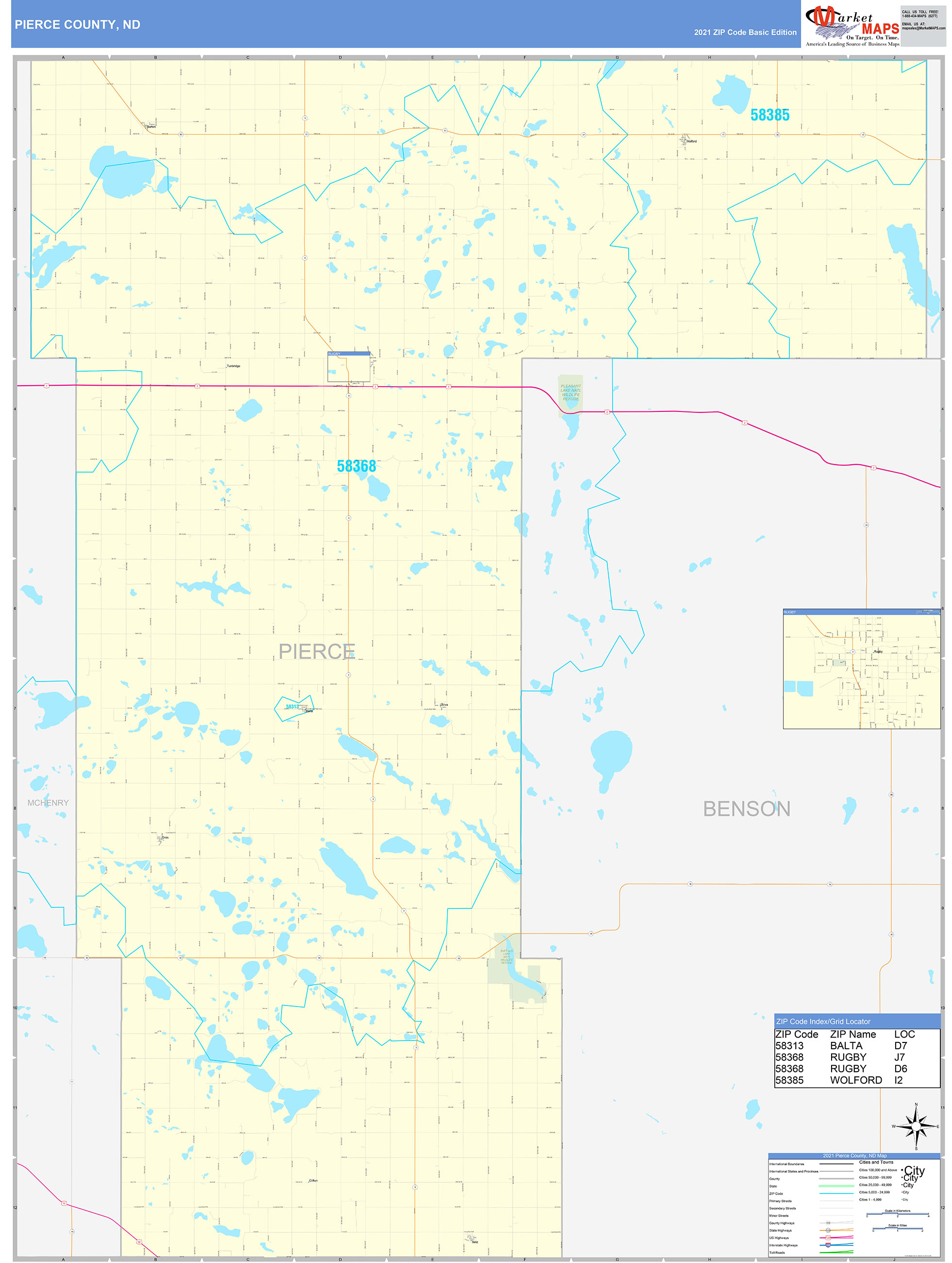 Pierce County, ND Zip Code Wall Map Basic Style by MarketMAPS