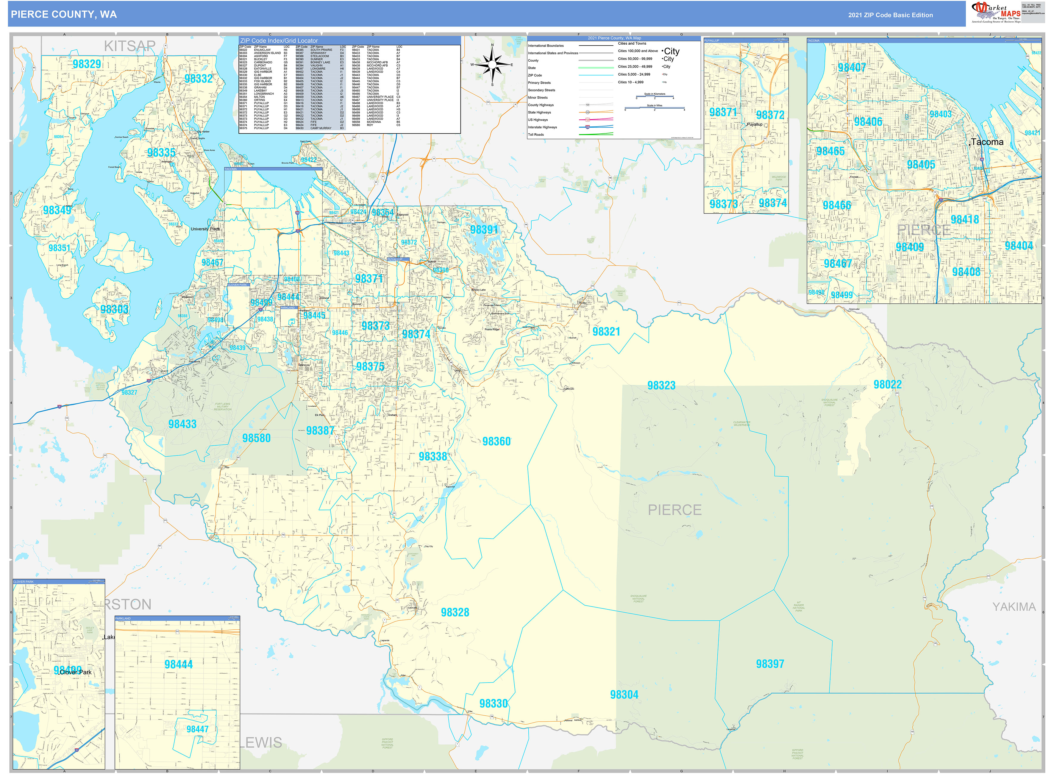 Pierce County, WA Zip Code Wall Map Basic Style by MarketMAPS MapSales