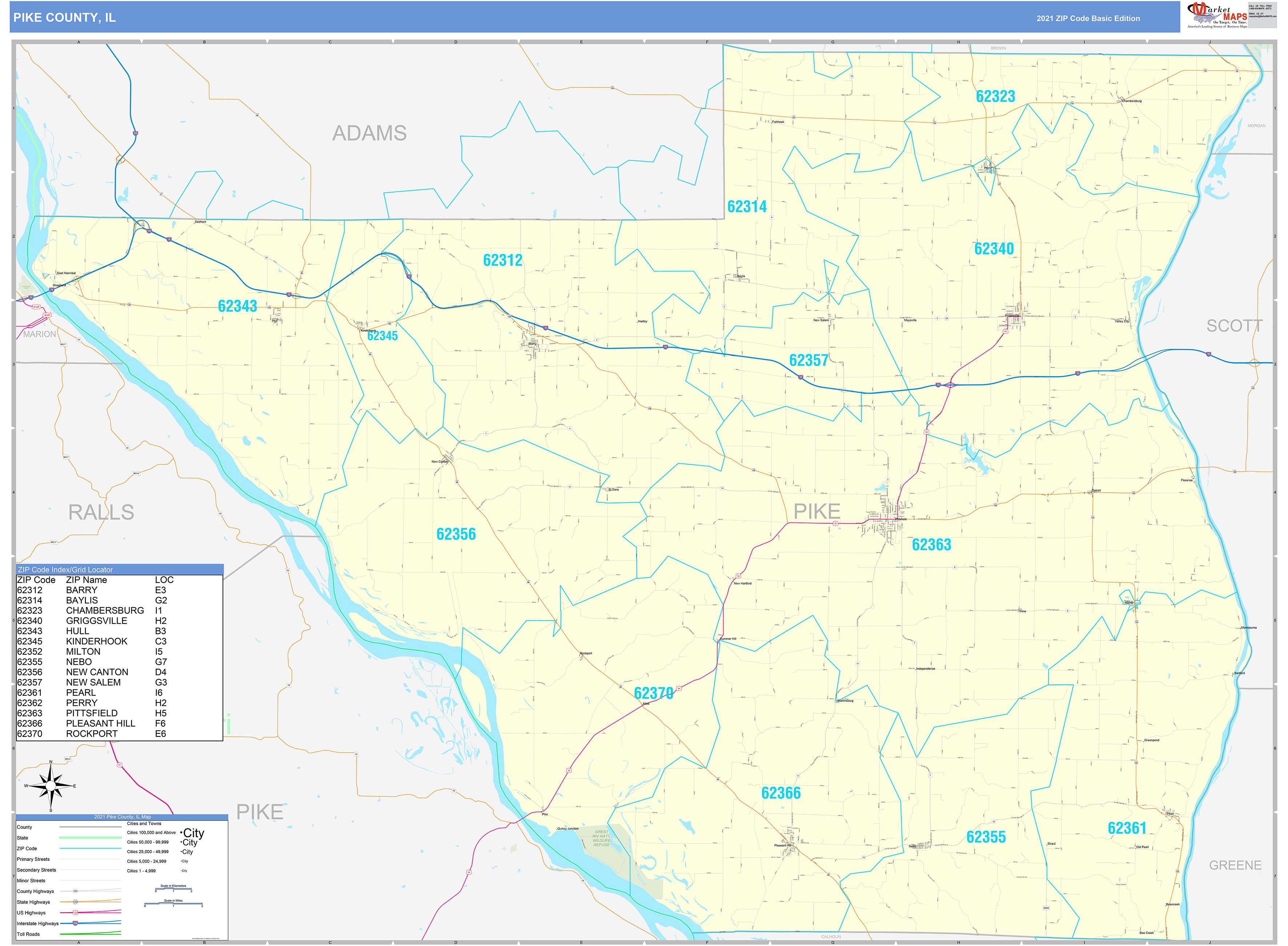 Pike County, IL Zip Code Wall Map Basic Style by MarketMAPS