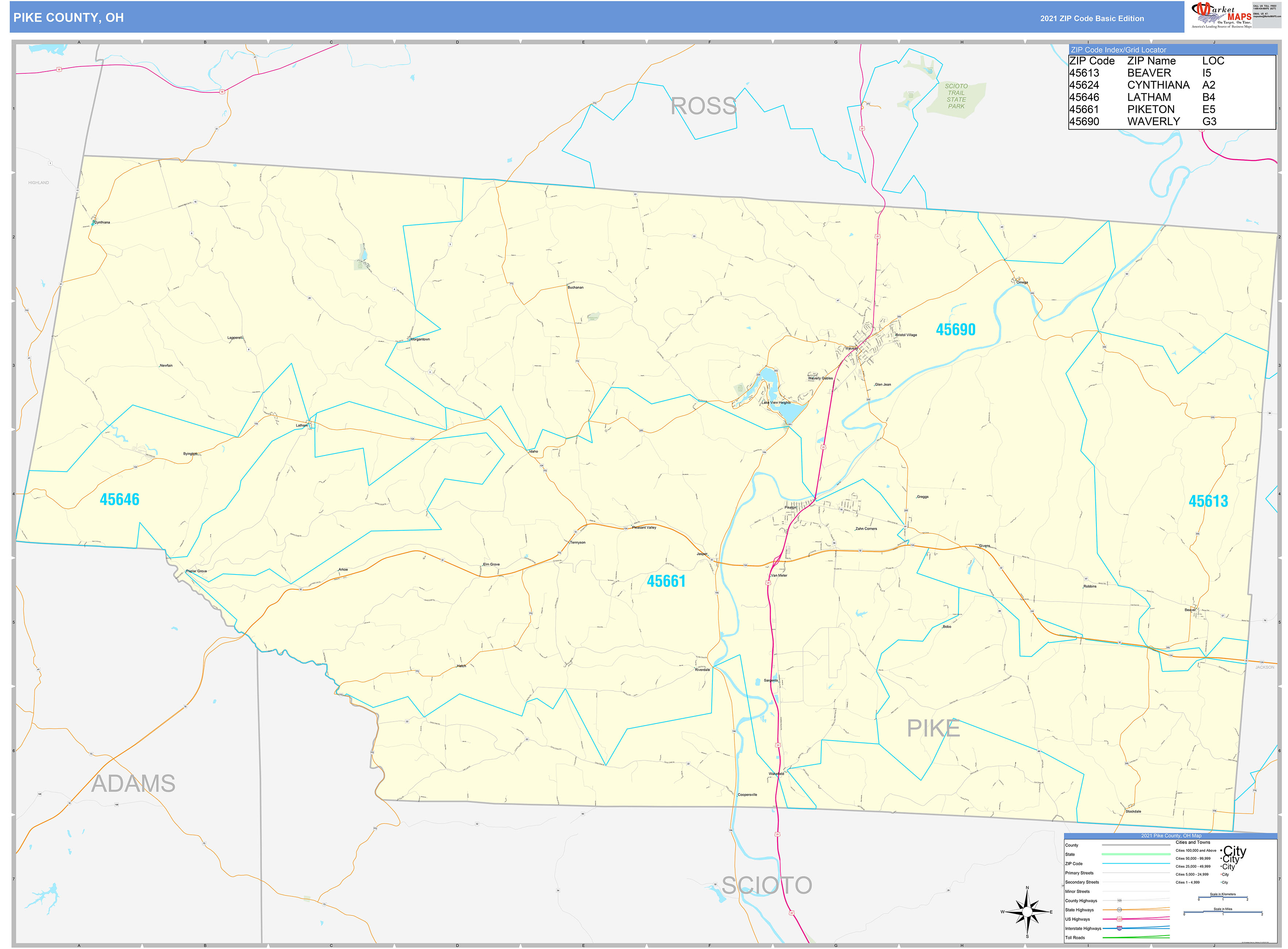 Pike County, OH Zip Code Wall Map Basic Style by MarketMAPS MapSales