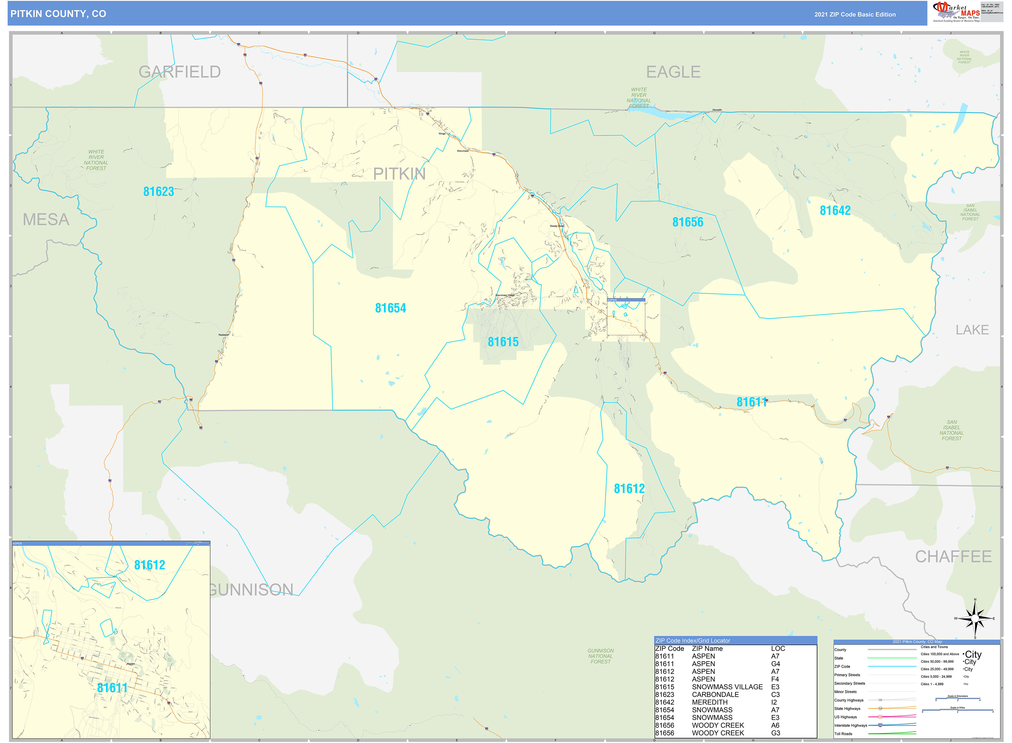 Pitkin County, CO Zip Code Wall Map Basic Style by MarketMAPS