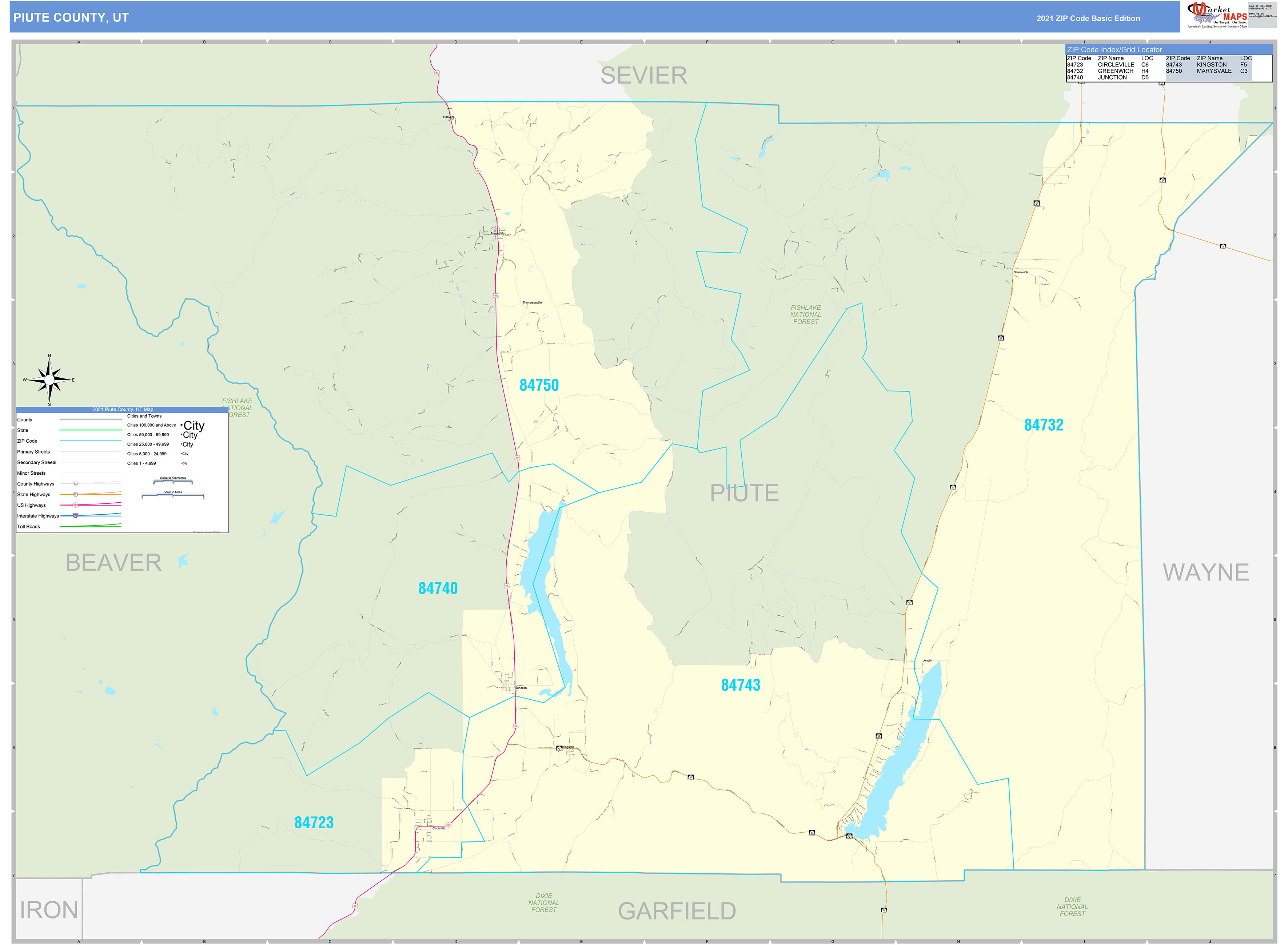 Piute County, UT Zip Code Wall Map Basic Style by MarketMAPS
