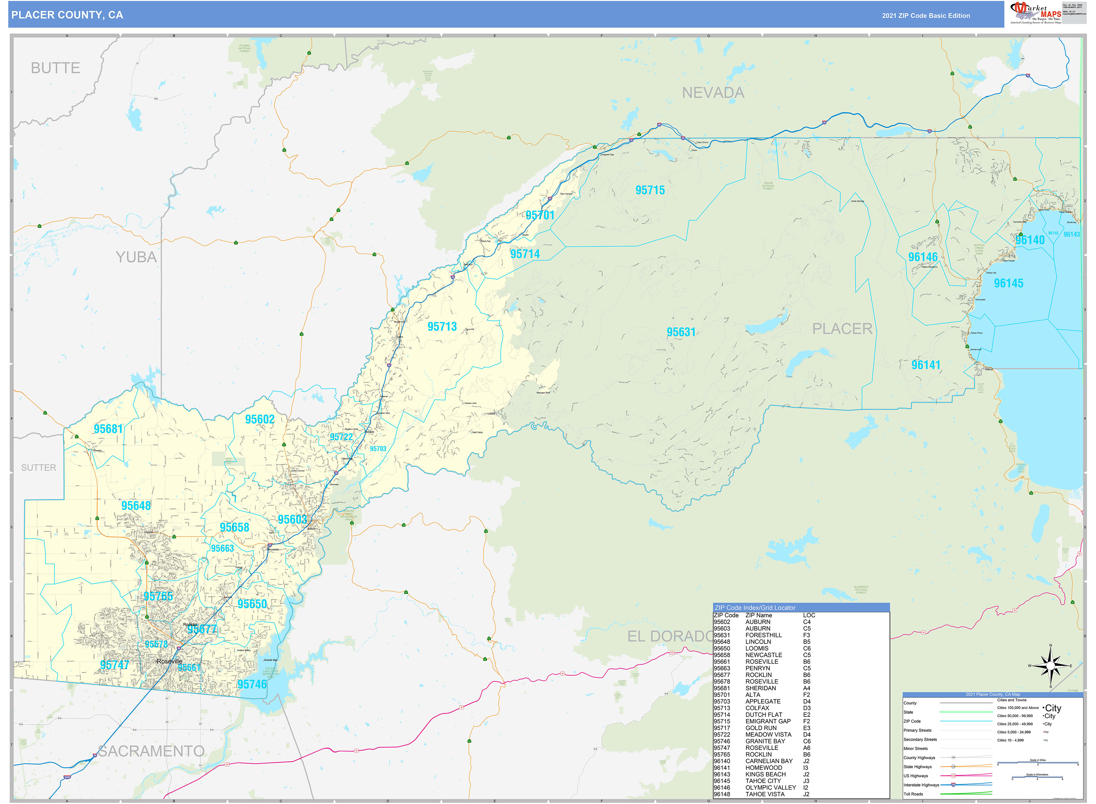 Placer County, CA Zip Code Wall Map Basic Style by MarketMAPS MapSales
