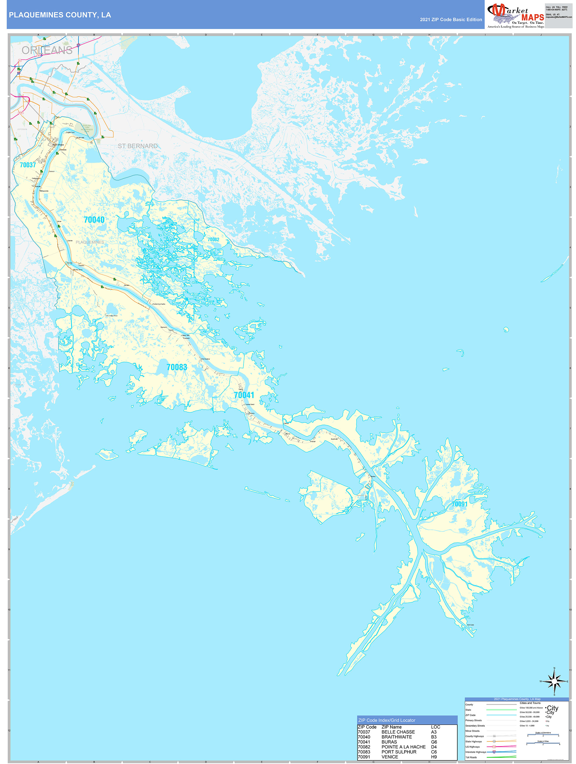 Plaquemines County, LA Zip Code Wall Map Basic Style by MarketMAPS MapSales