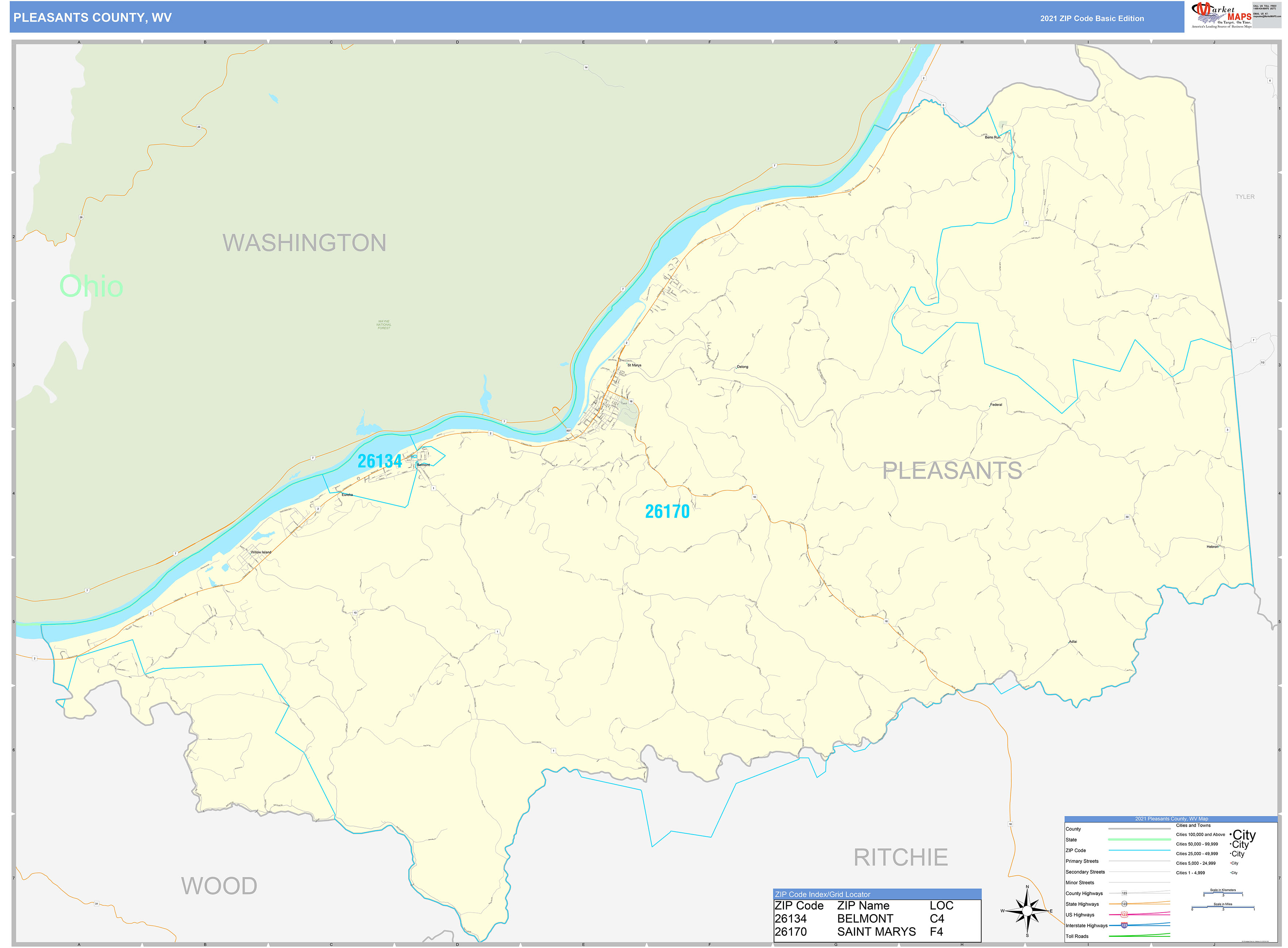 Pleasants County, WV Zip Code Wall Map Basic Style by MarketMAPS
