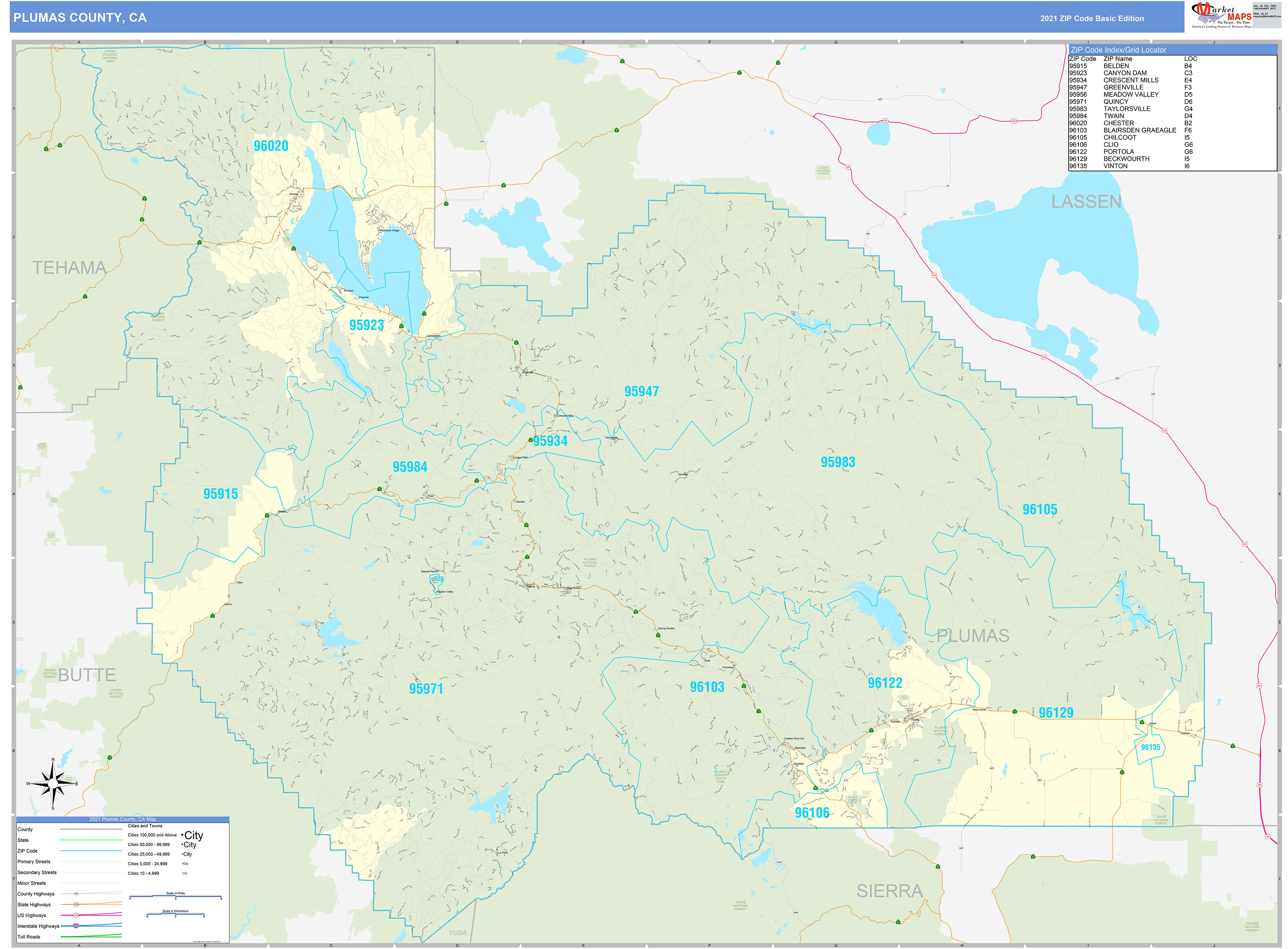 Plumas County, CA Zip Code Wall Map Basic Style by MarketMAPS MapSales