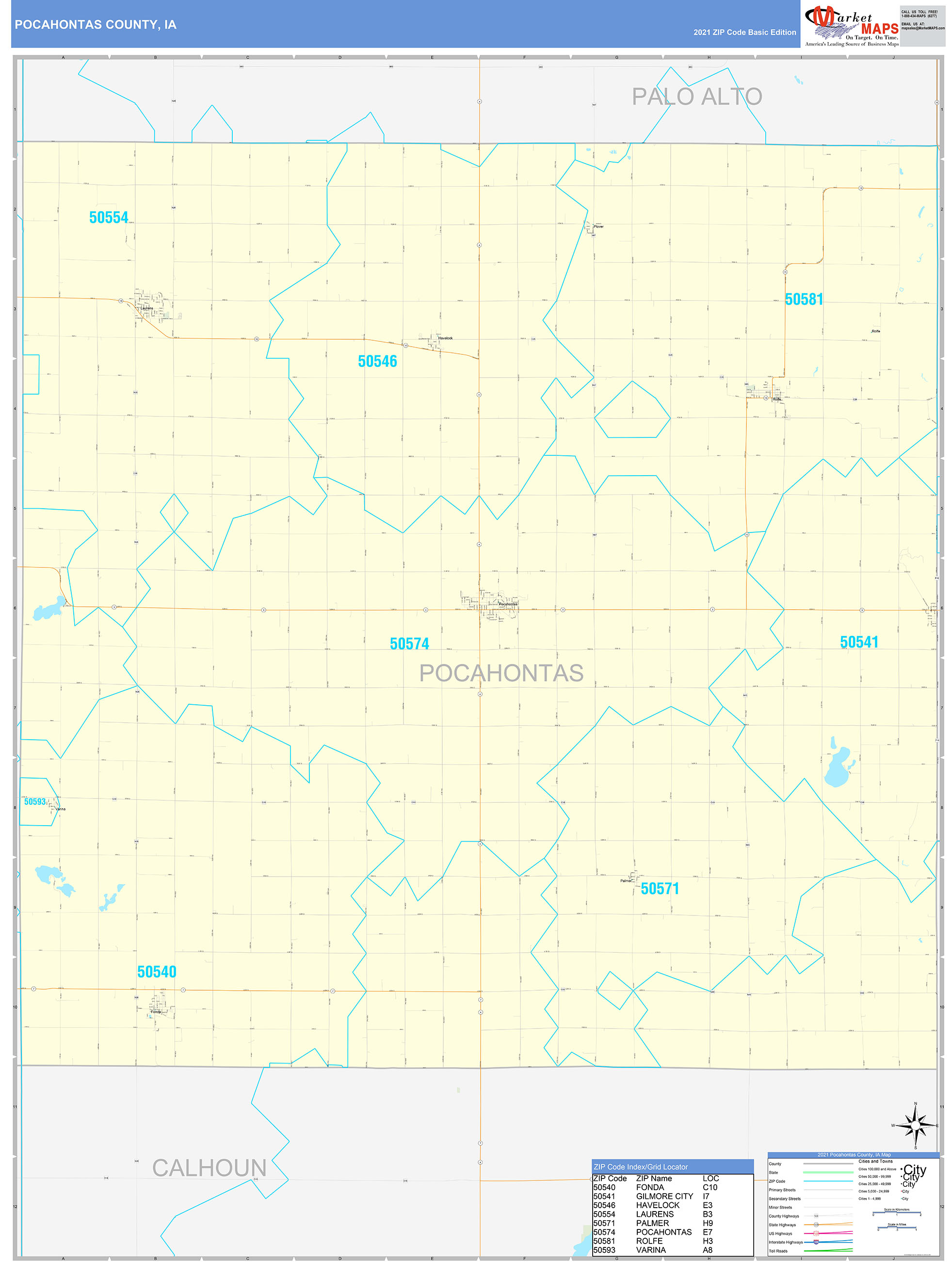 Pocahontas County, IA Zip Code Wall Map Basic Style by MarketMAPS