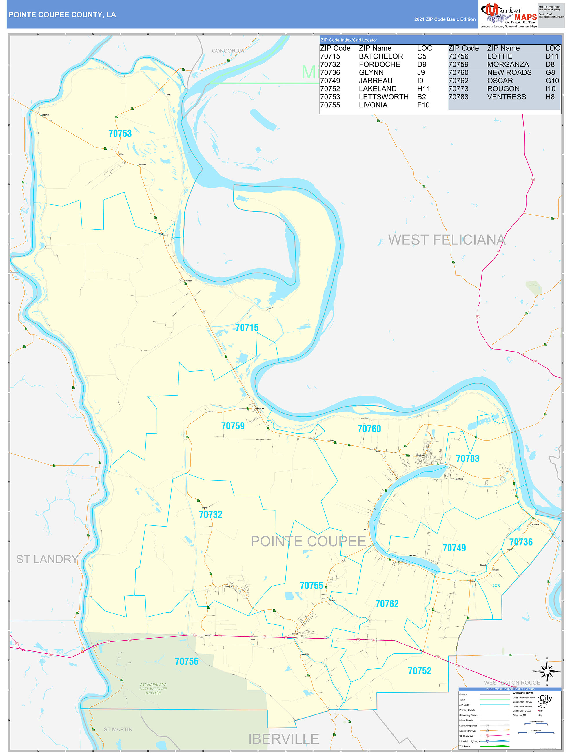 Pointe Coupee County, LA Zip Code Wall Map Basic Style by MarketMAPS