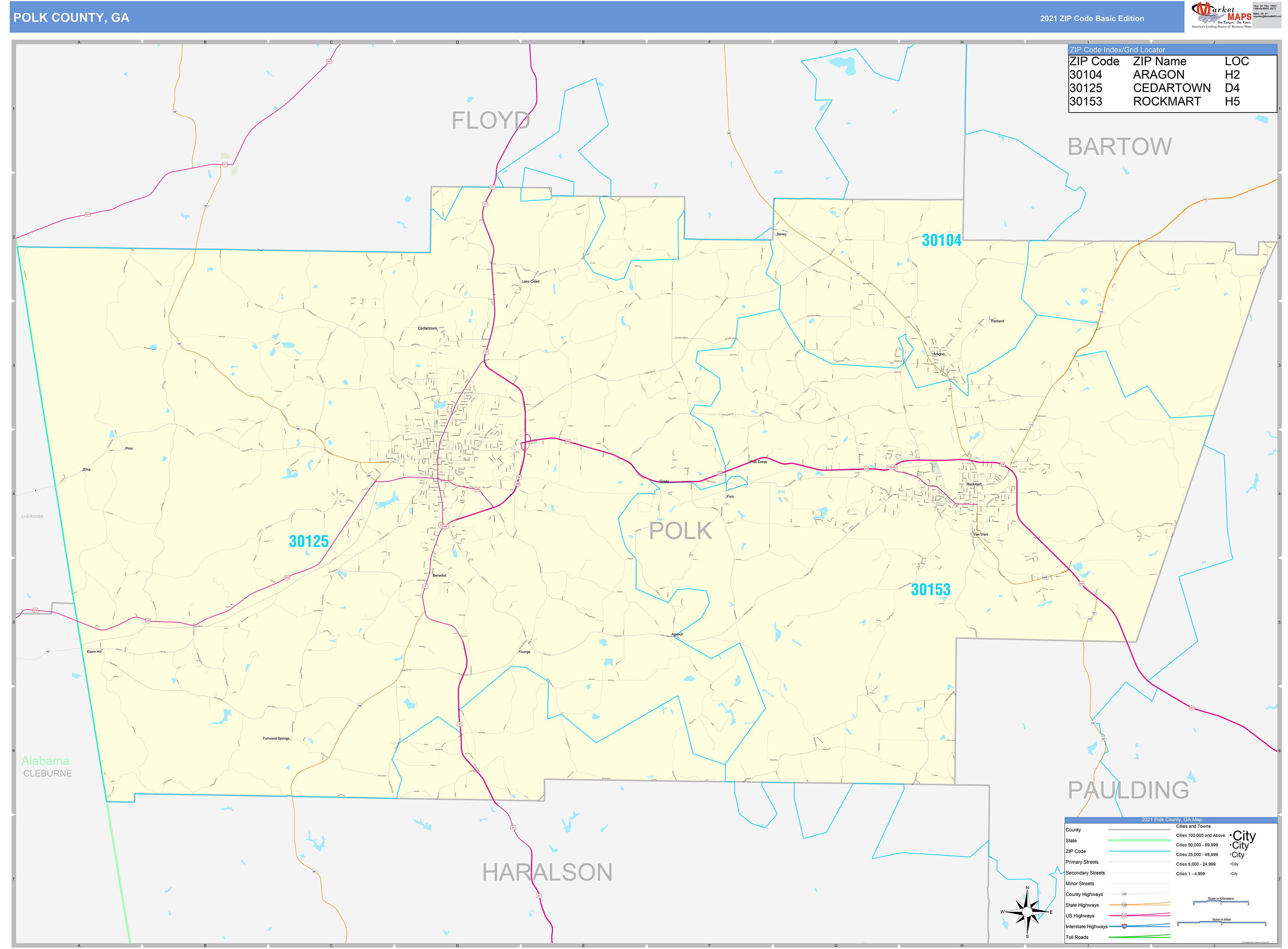 Polk County, GA Zip Code Wall Map Basic Style by MarketMAPS MapSales