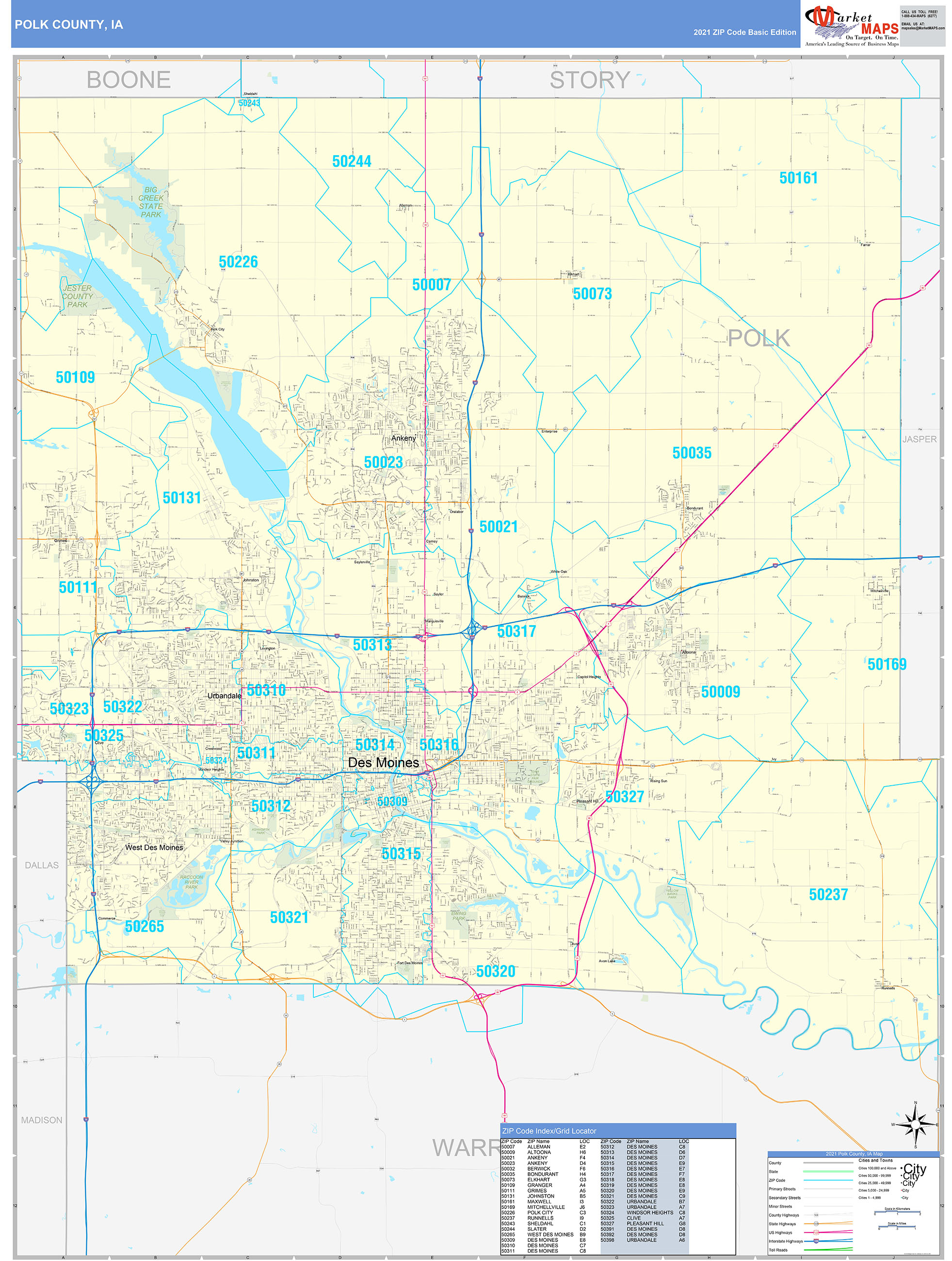 Polk County, IA Zip Code Wall Map Basic Style by MarketMAPS MapSales