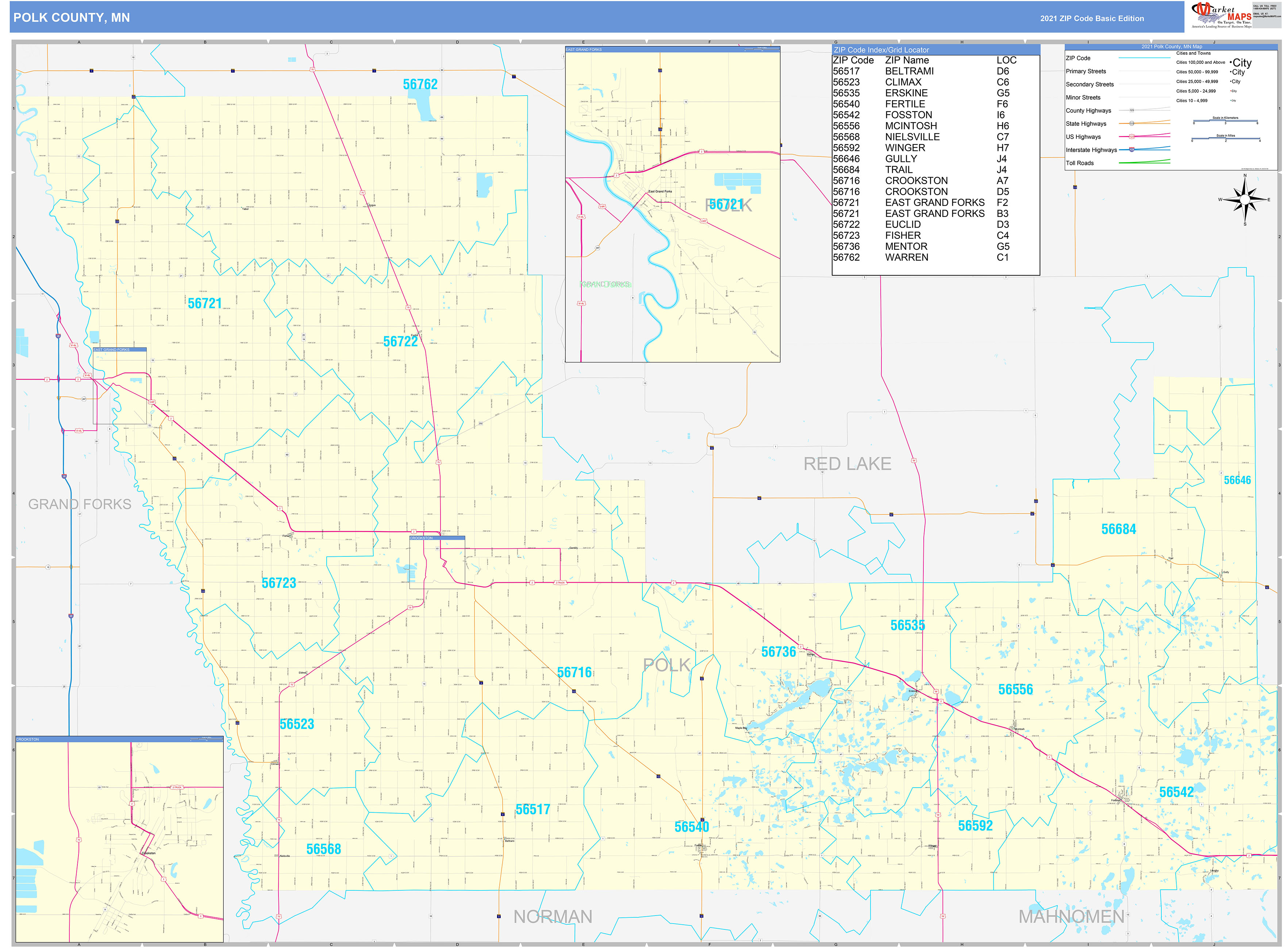 Polk County Mn Zip Code Wall Map Basic Style By Marketmaps
