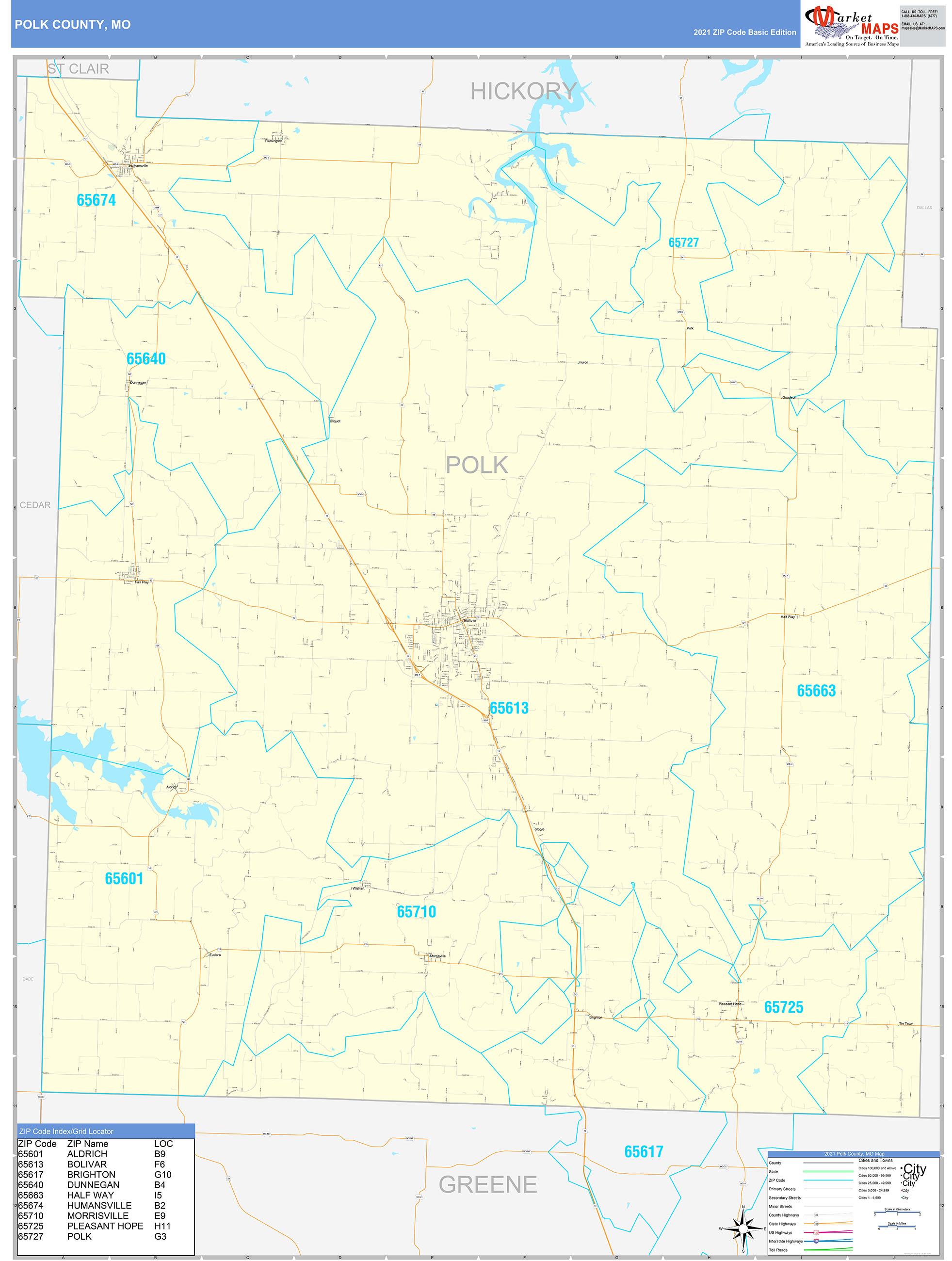 Polk County, MO Zip Code Wall Map Basic Style by MarketMAPS MapSales