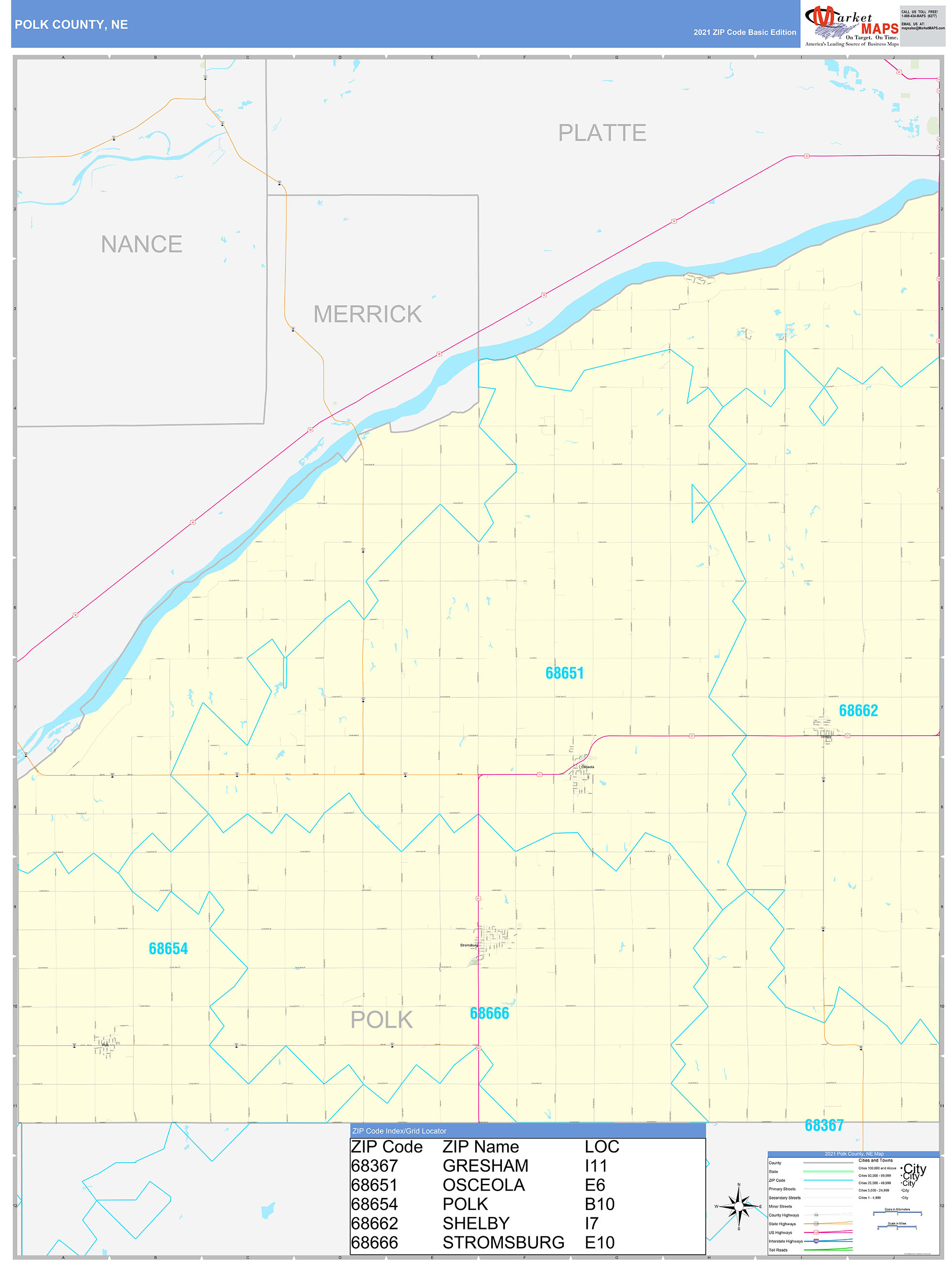 Polk County, NE Zip Code Wall Map Basic Style by MarketMAPS
