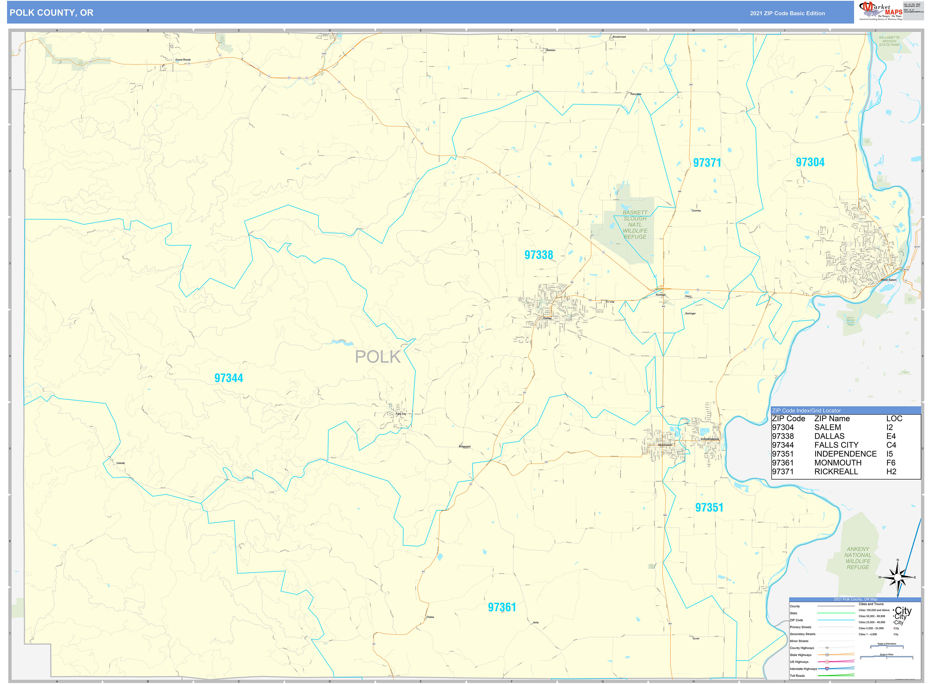 Polk County, OR Zip Code Wall Map Basic Style by MarketMAPS