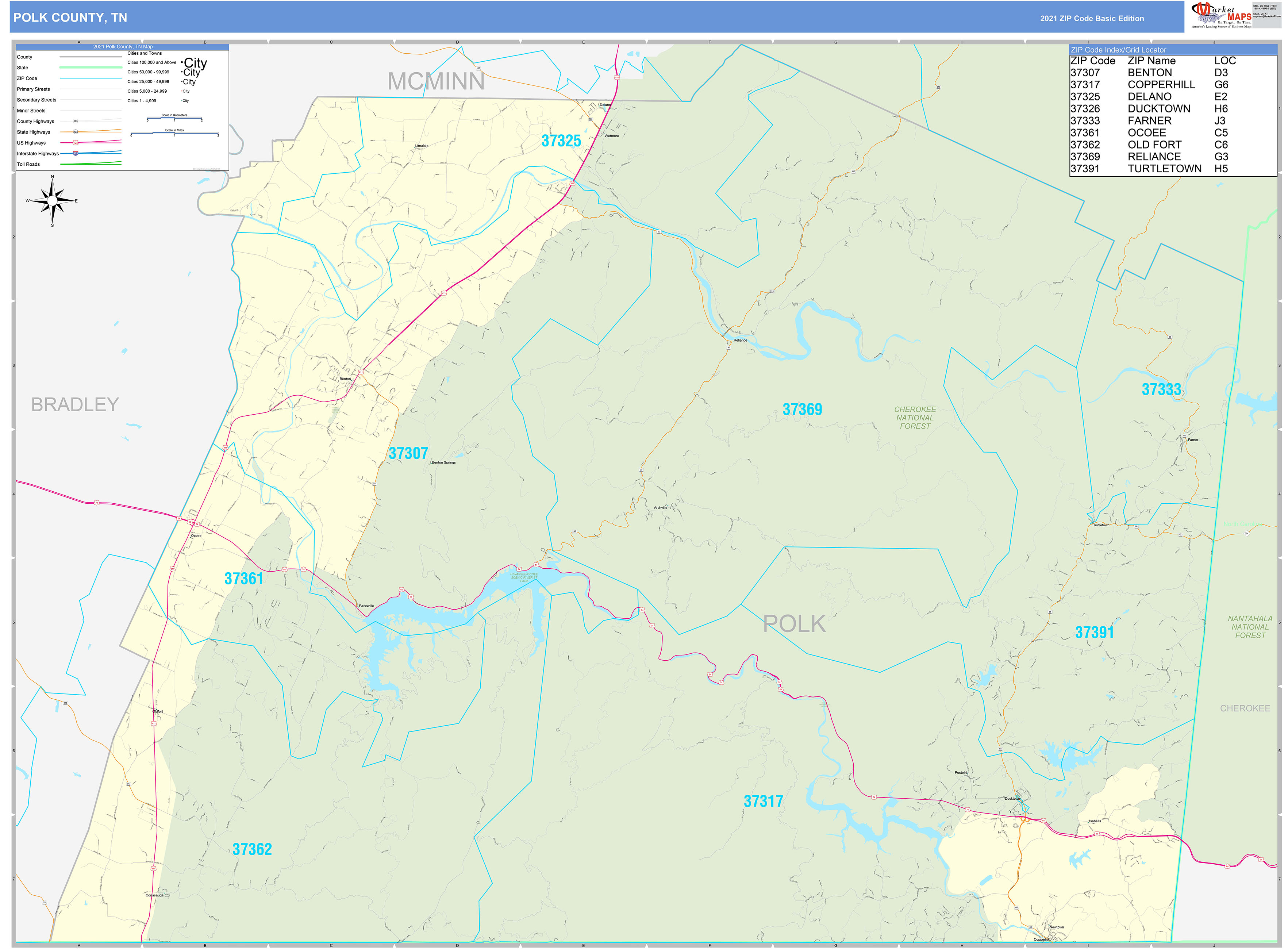 Polk County, TN Zip Code Wall Map Basic Style by MarketMAPS