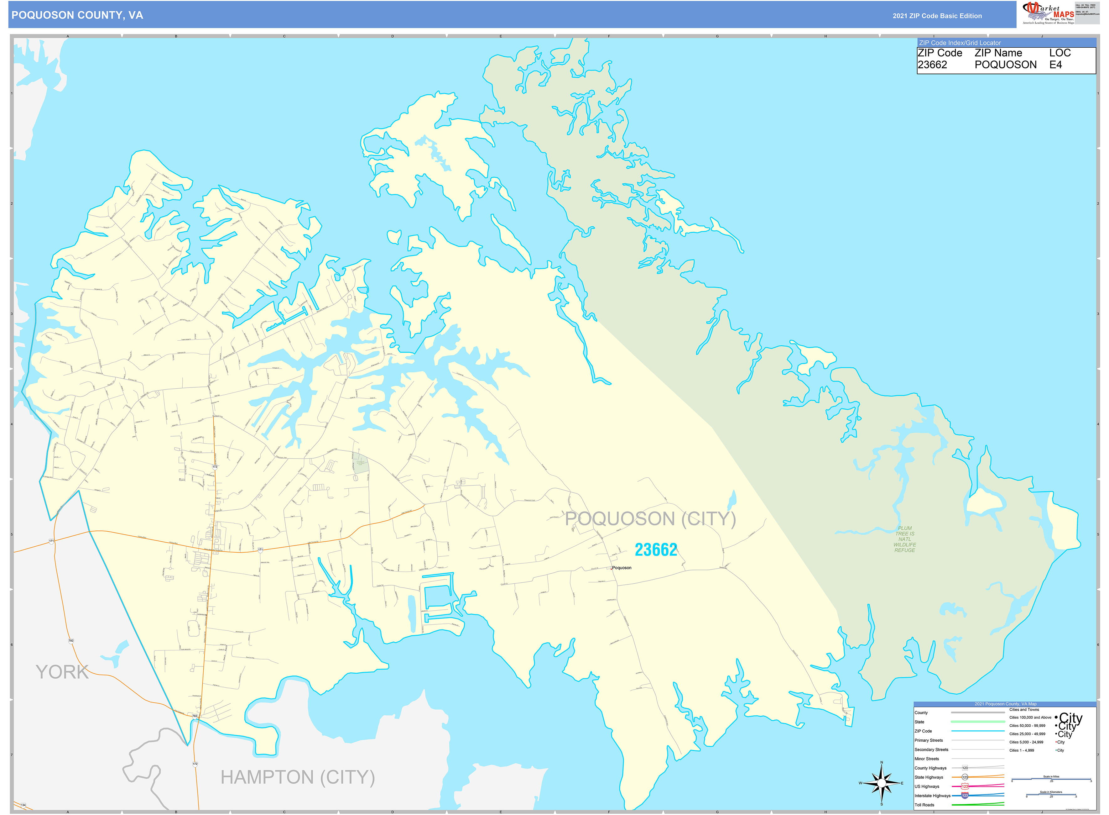 Poquoson County, VA Zip Code Wall Map Basic Style by MarketMAPS MapSales