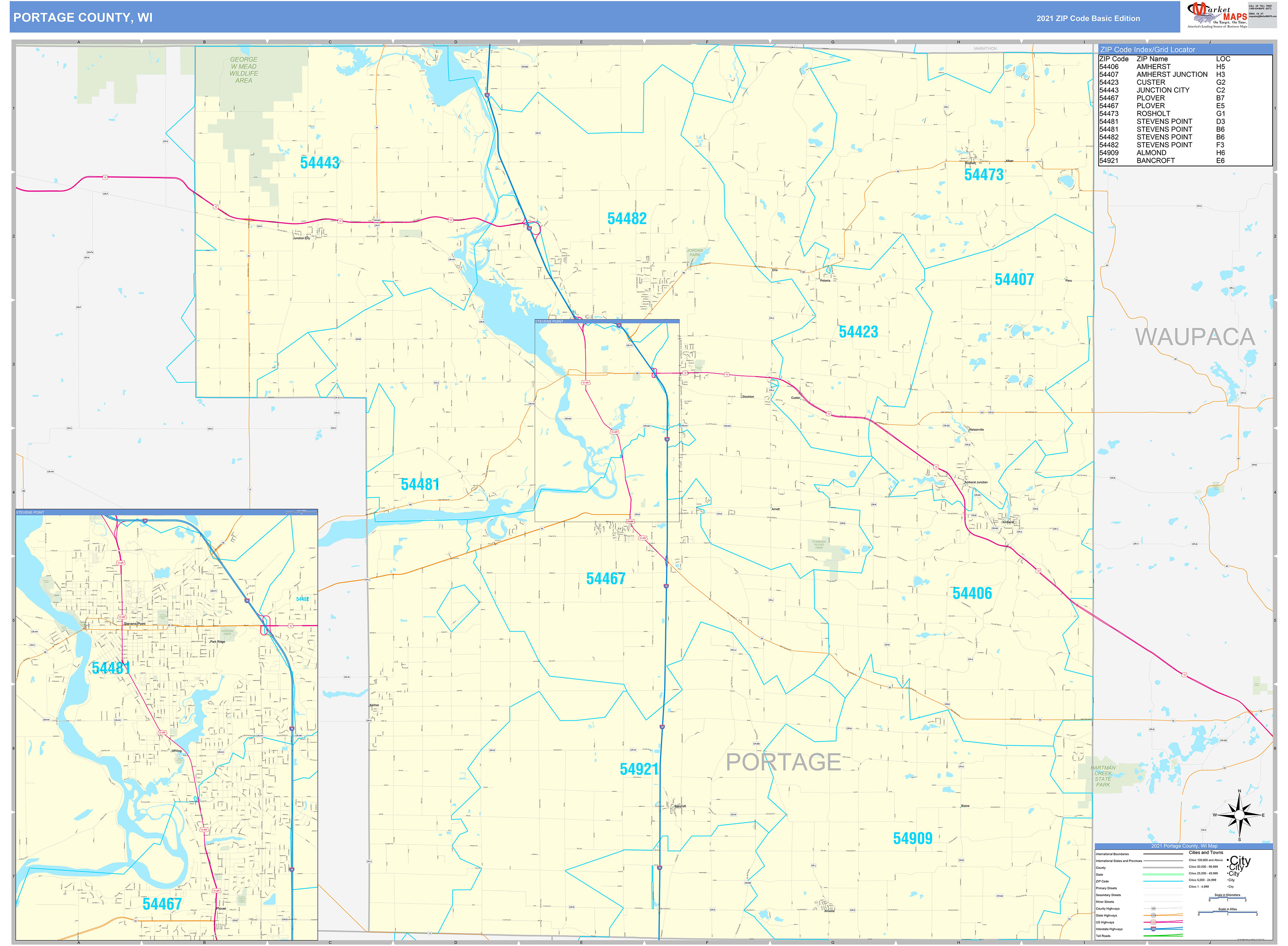 Portage County, WI Zip Code Wall Map Basic Style by MarketMAPS - MapSales