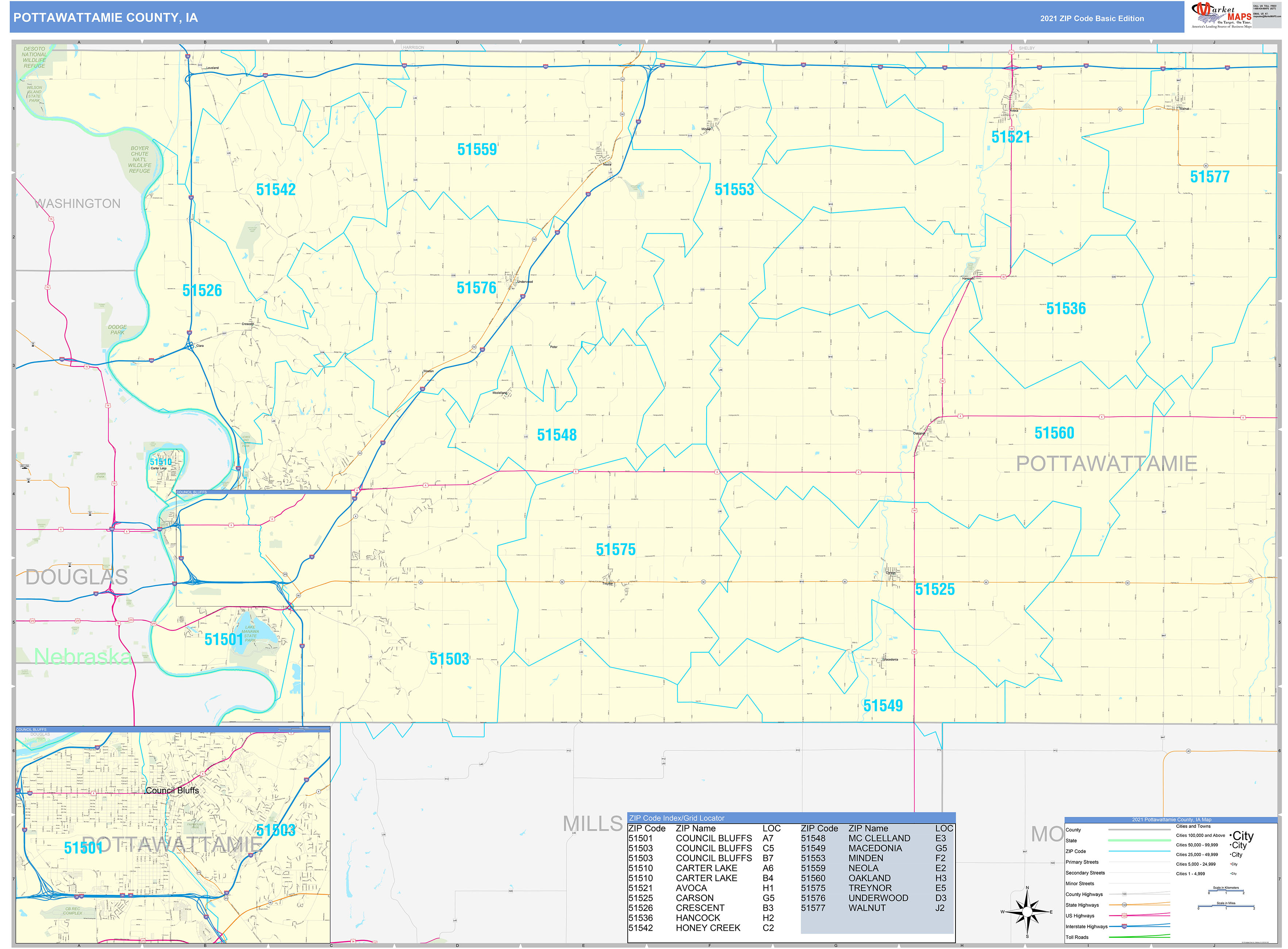Pottawattamie County, IA Zip Code Wall Map Basic Style by MarketMAPS