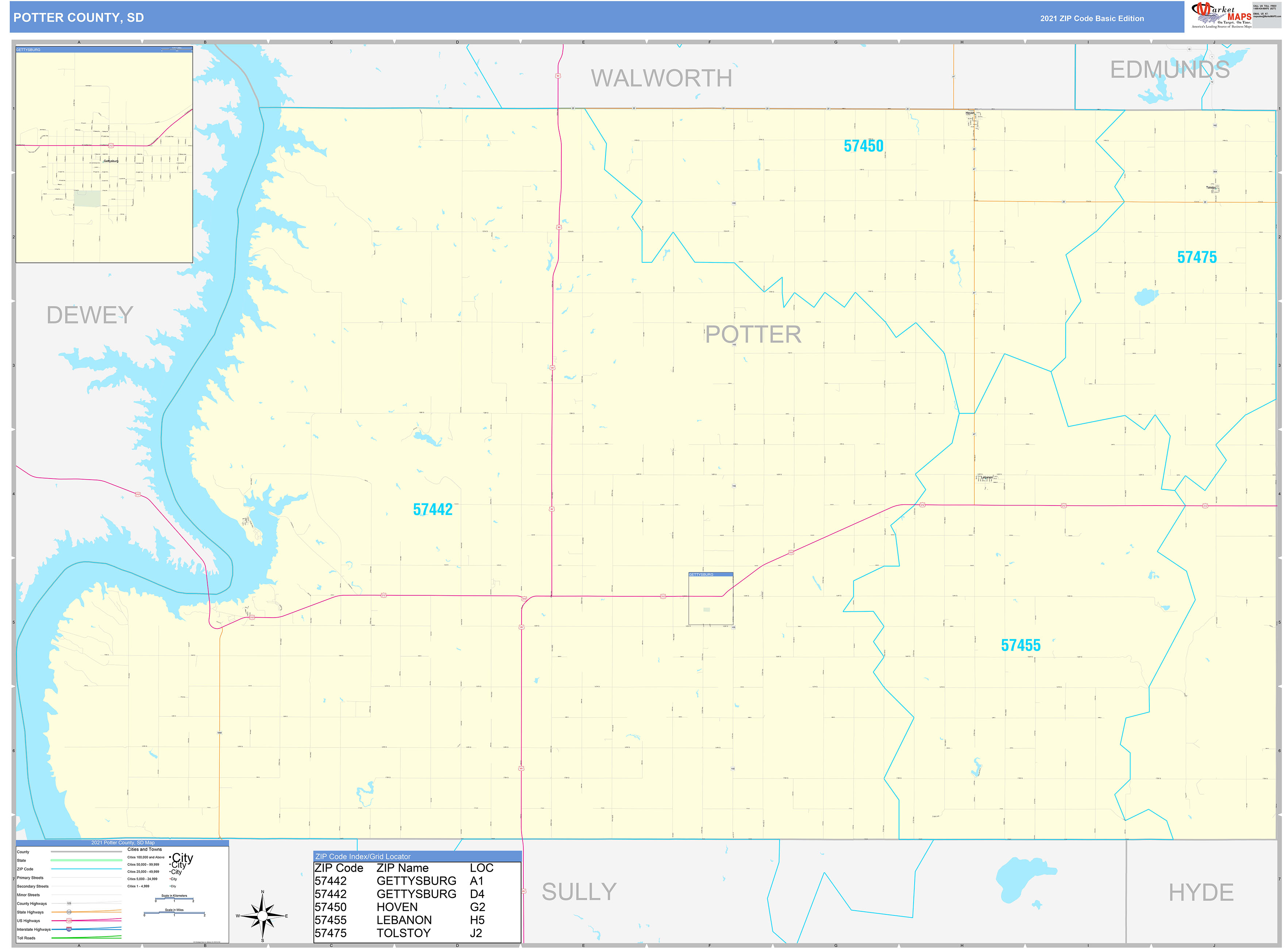 Potter County, SD Zip Code Wall Map Basic Style by MarketMAPS