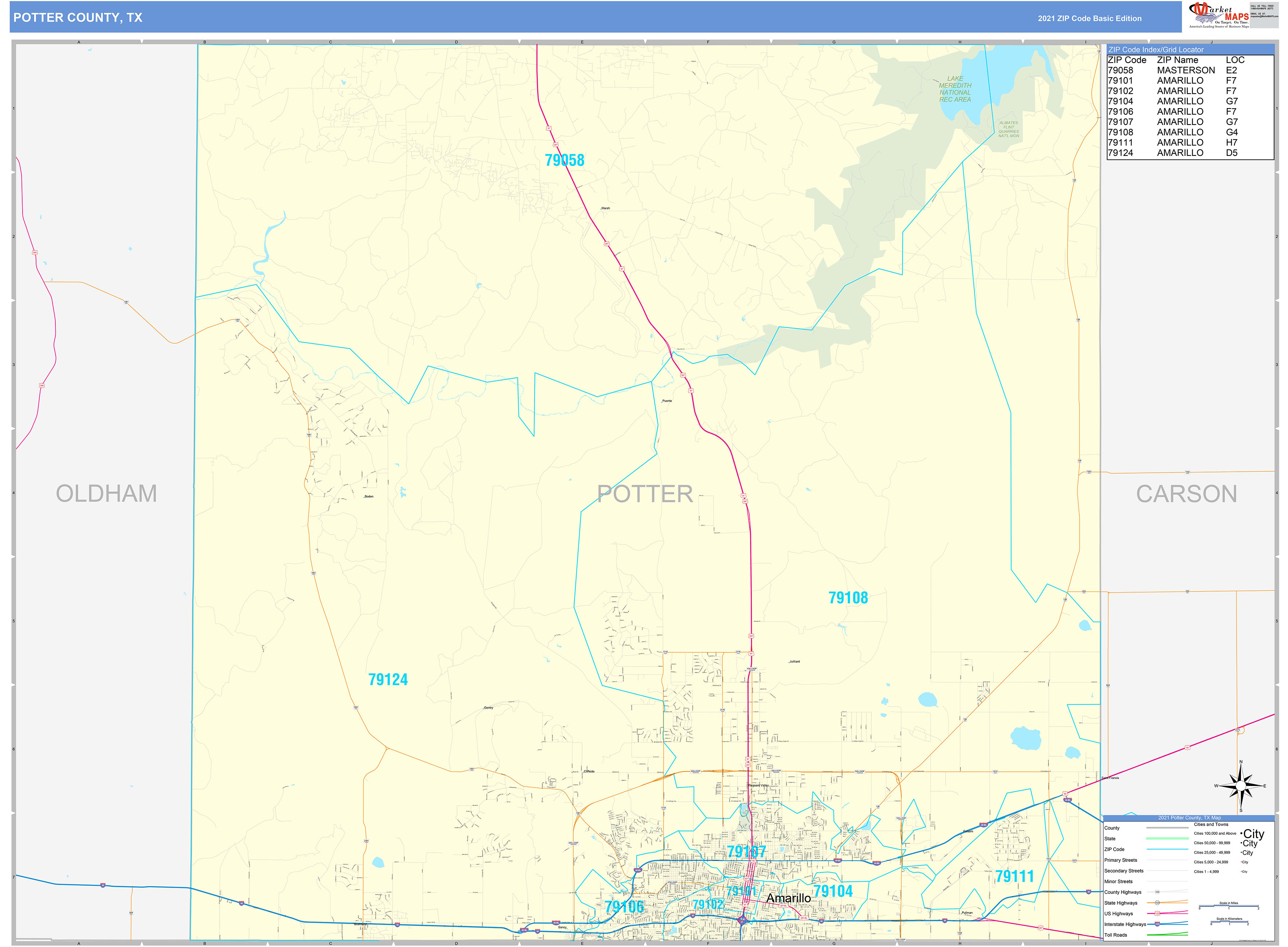 Potter County, TX Zip Code Wall Map Basic Style by MarketMAPS MapSales