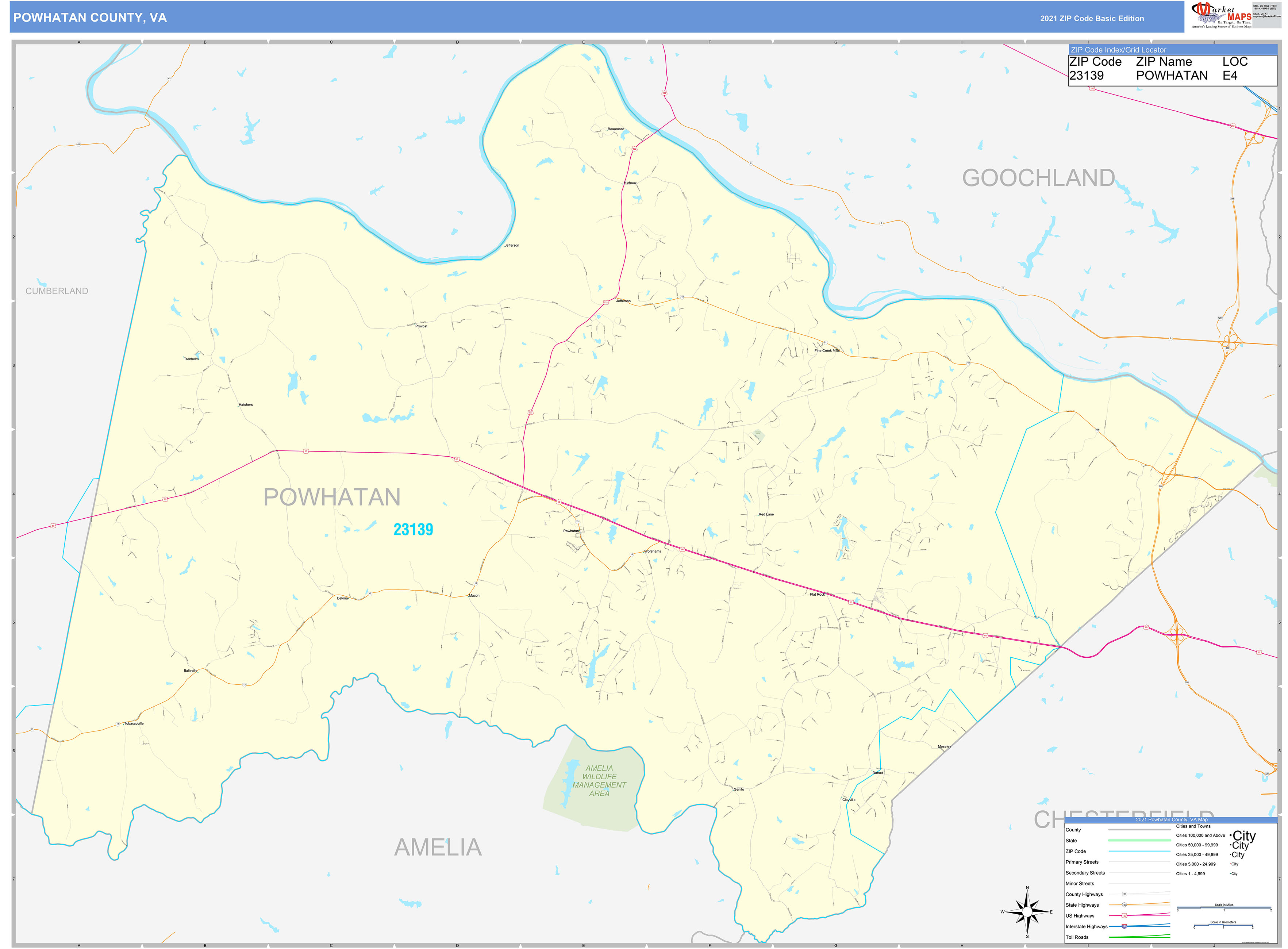 Powhatan County, VA Zip Code Wall Map Basic Style by MarketMAPS