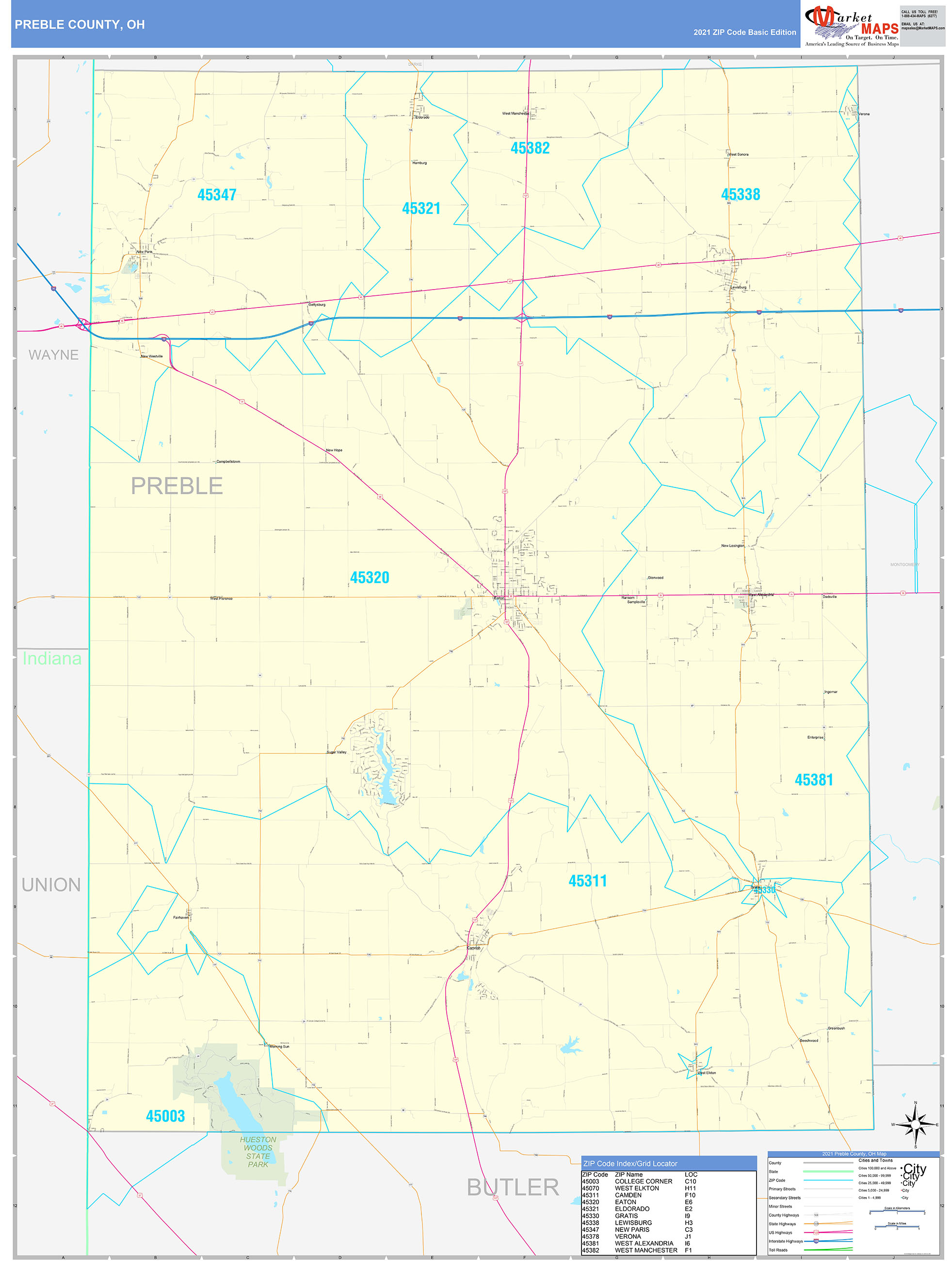 Preble County, OH Zip Code Wall Map Basic Style by MarketMAPS MapSales