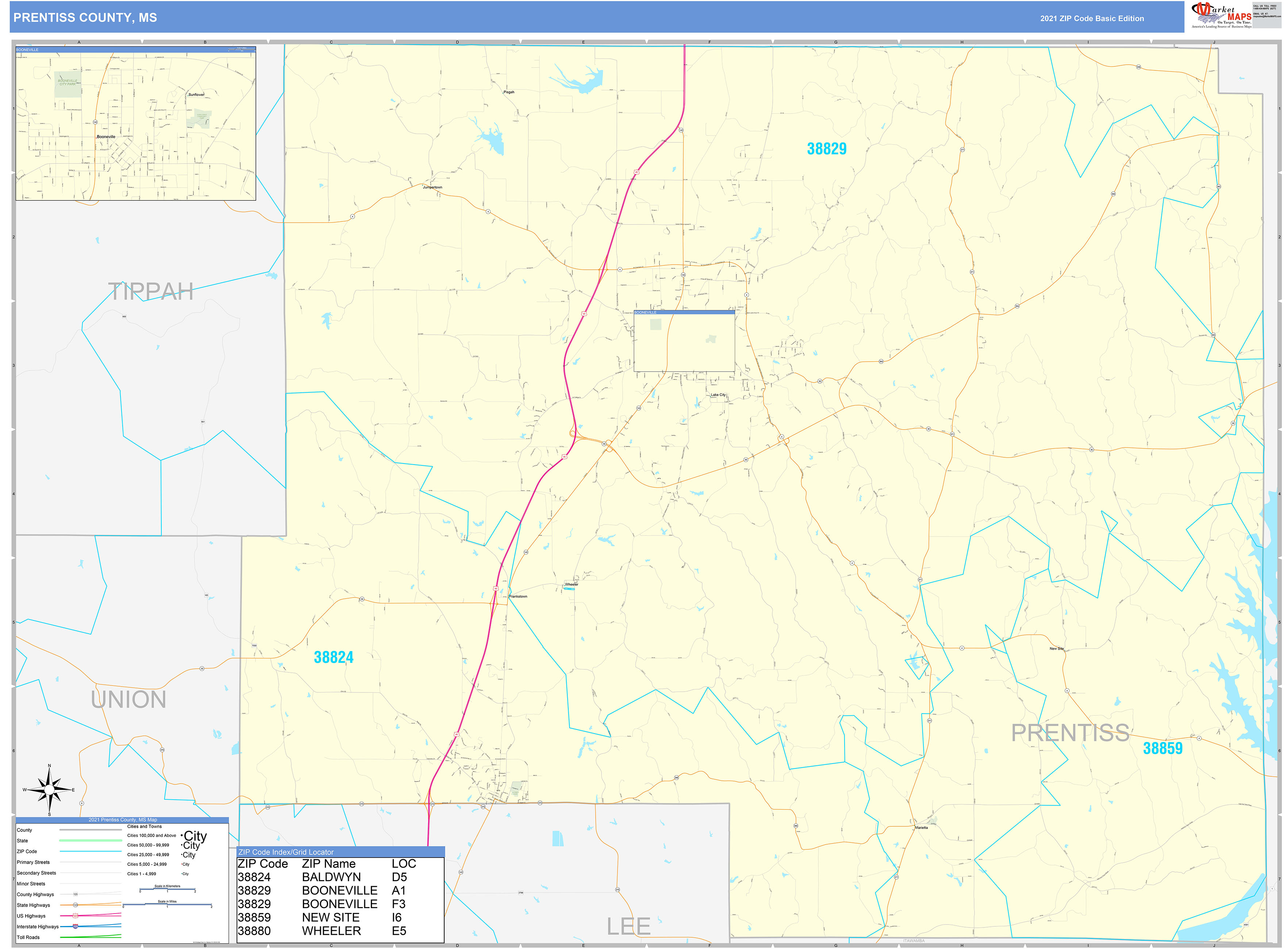 Prentiss County, MS Zip Code Wall Map Basic Style by MarketMAPS MapSales
