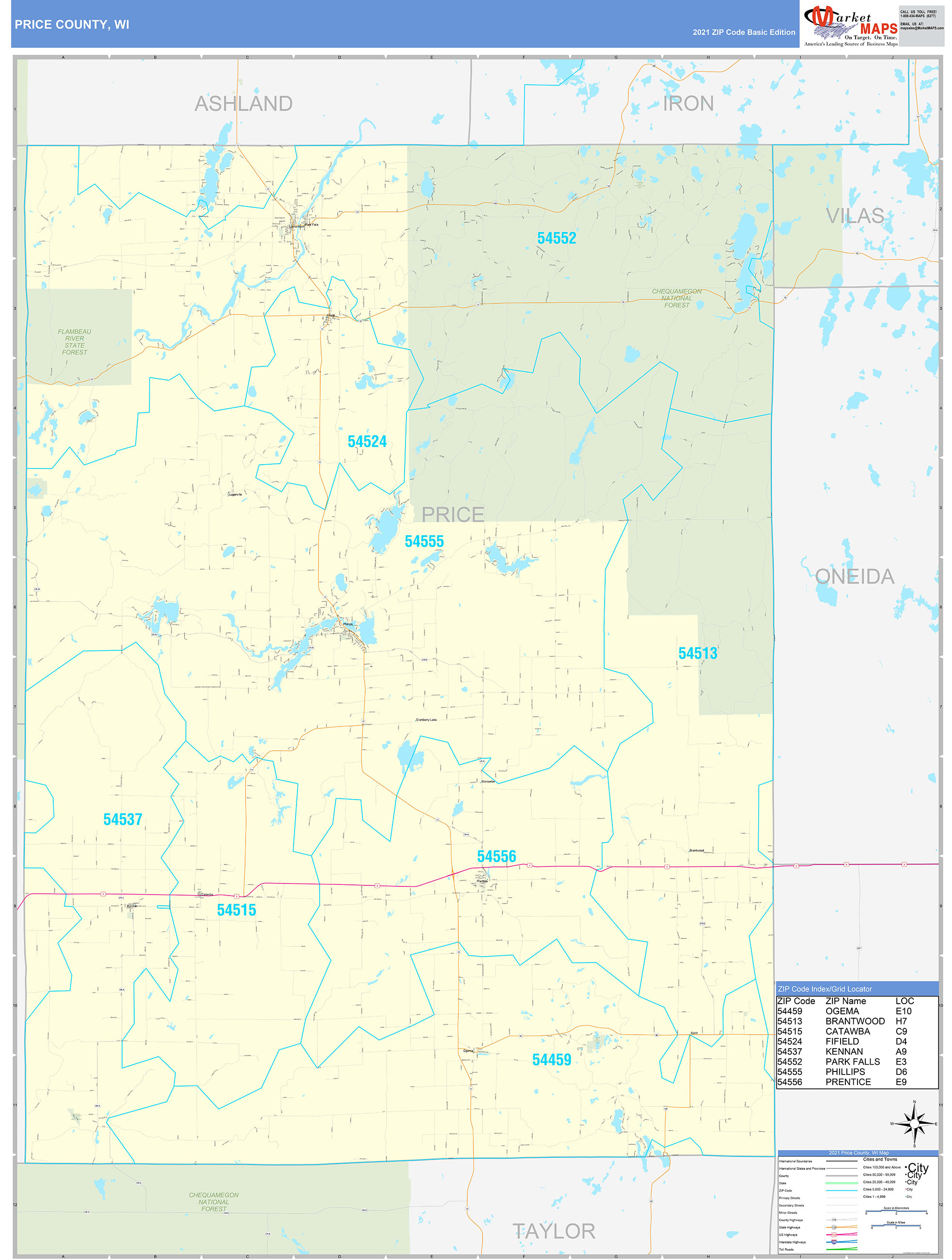 Price County, WI Zip Code Wall Map Basic Style by MarketMAPS MapSales