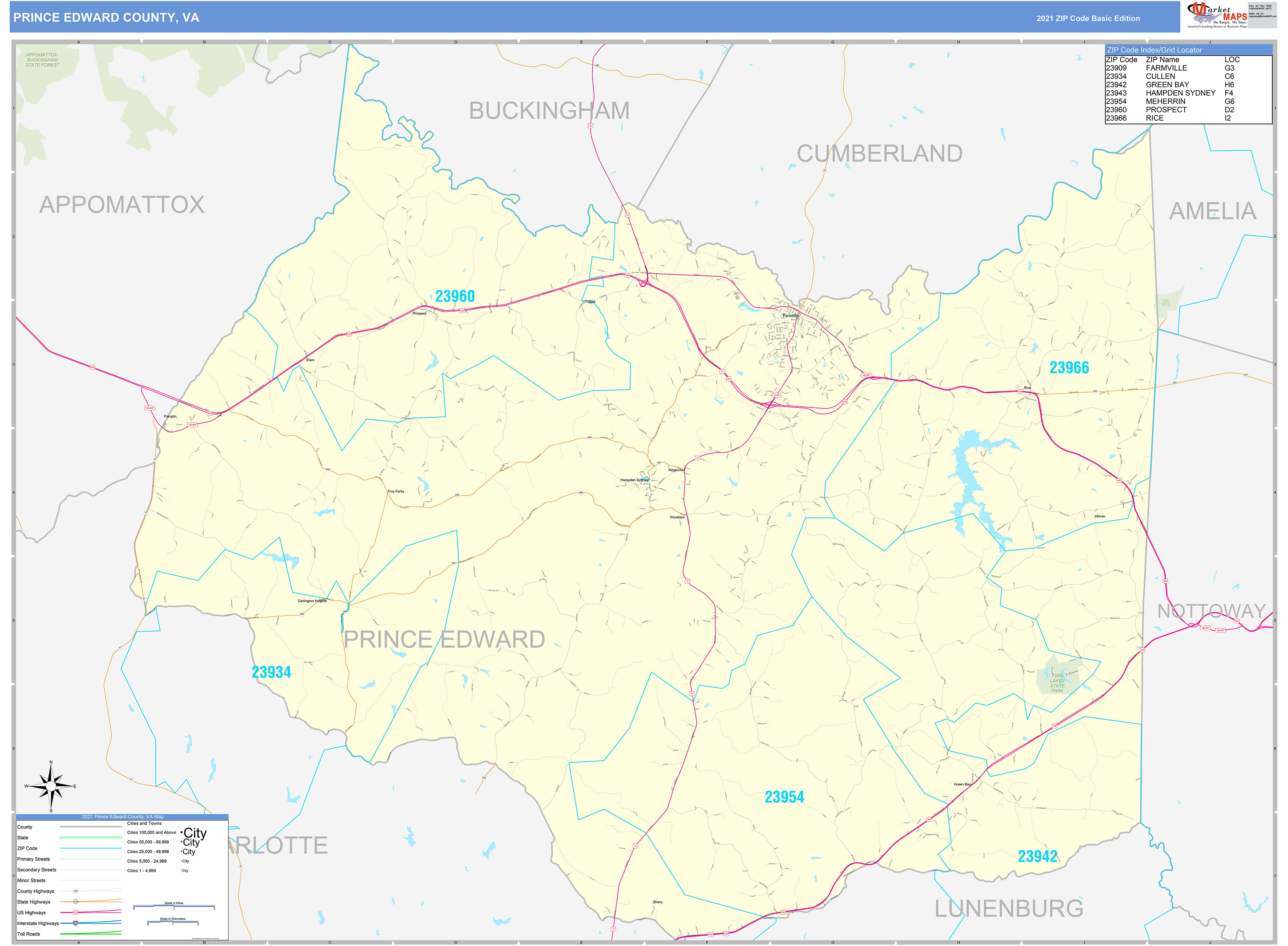 Prince Edward County, VA Zip Code Wall Map Basic Style by MarketMAPS
